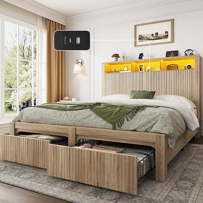 King Size Bed Frame with Storage Drawers, LED Lights & Charging Port