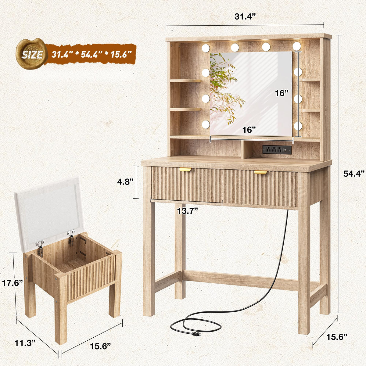 Lighted Vanity Desk with Storage Stool