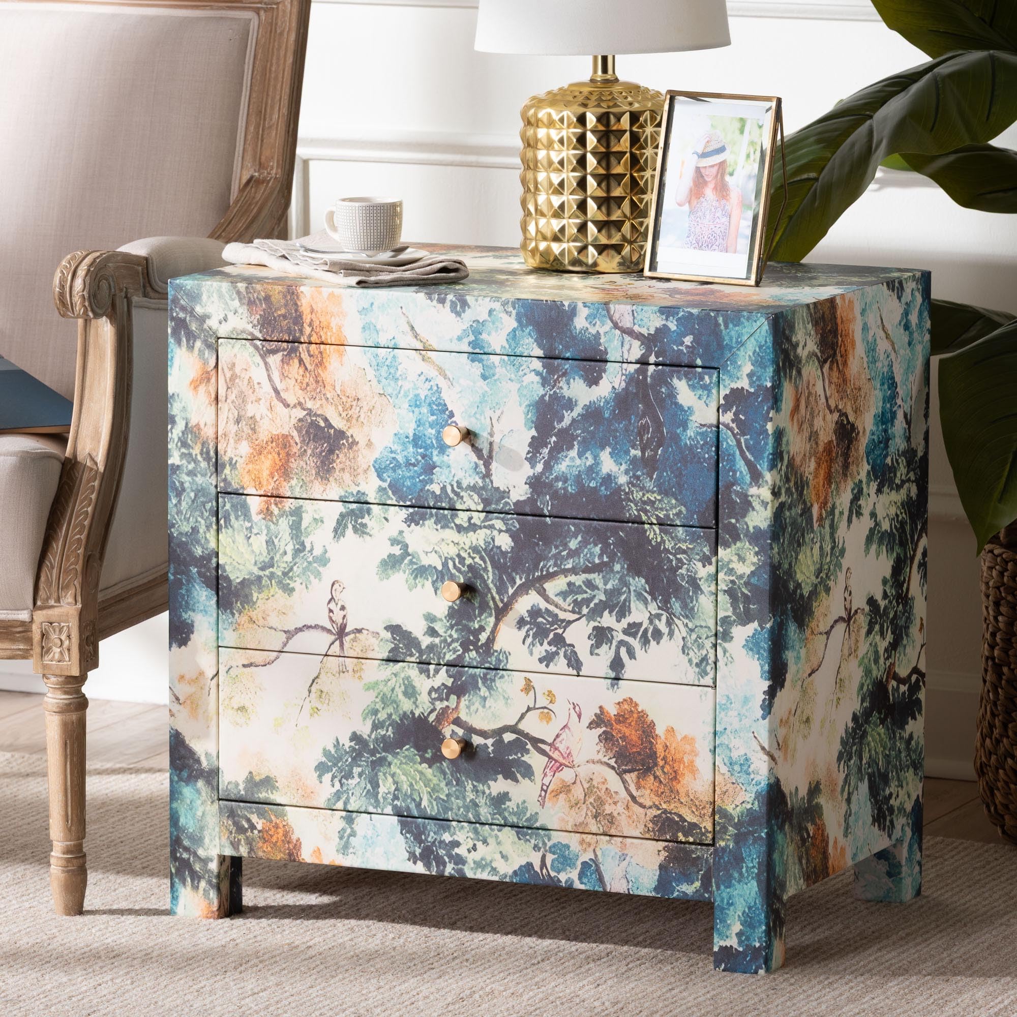 Baxton Studio Adeline End Table with Printed Nature Motif - 3-Drawer Storage Cabinet with Gold Knobs
