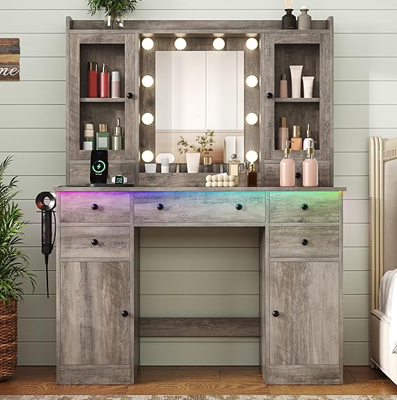 Vanity Desk with Mirror, Lights & Power Outlet – 7 Drawers, 2 Cabinets