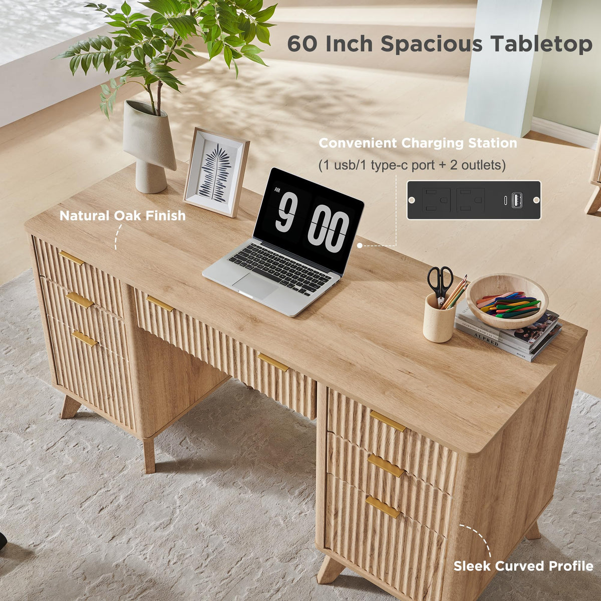 T4TREAM 60" Modern Fluted Executive Desk with Drawers, Natural Oak