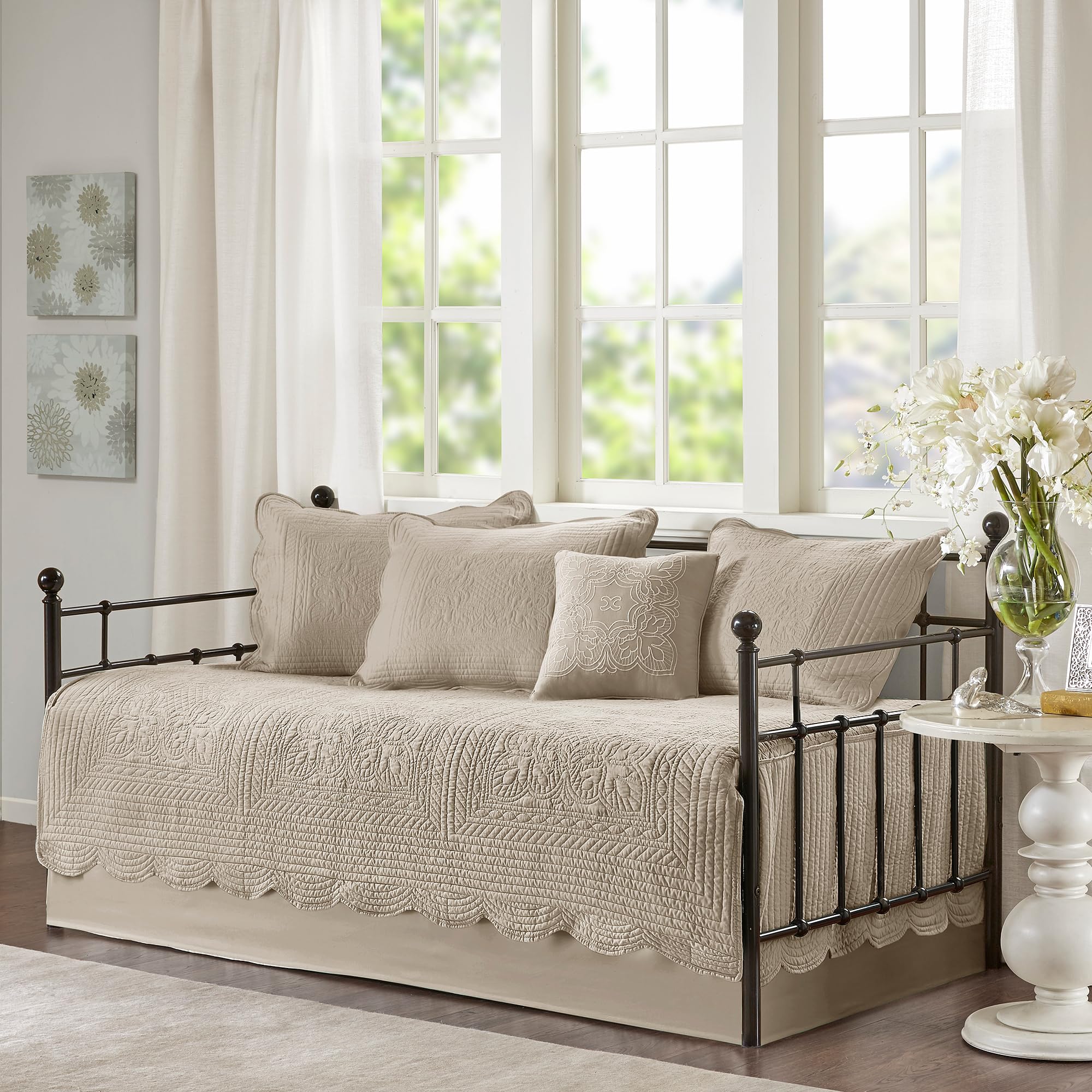 6-Piece Damask Quilted Daybed Cover Set with Scalloped Edge | All Season