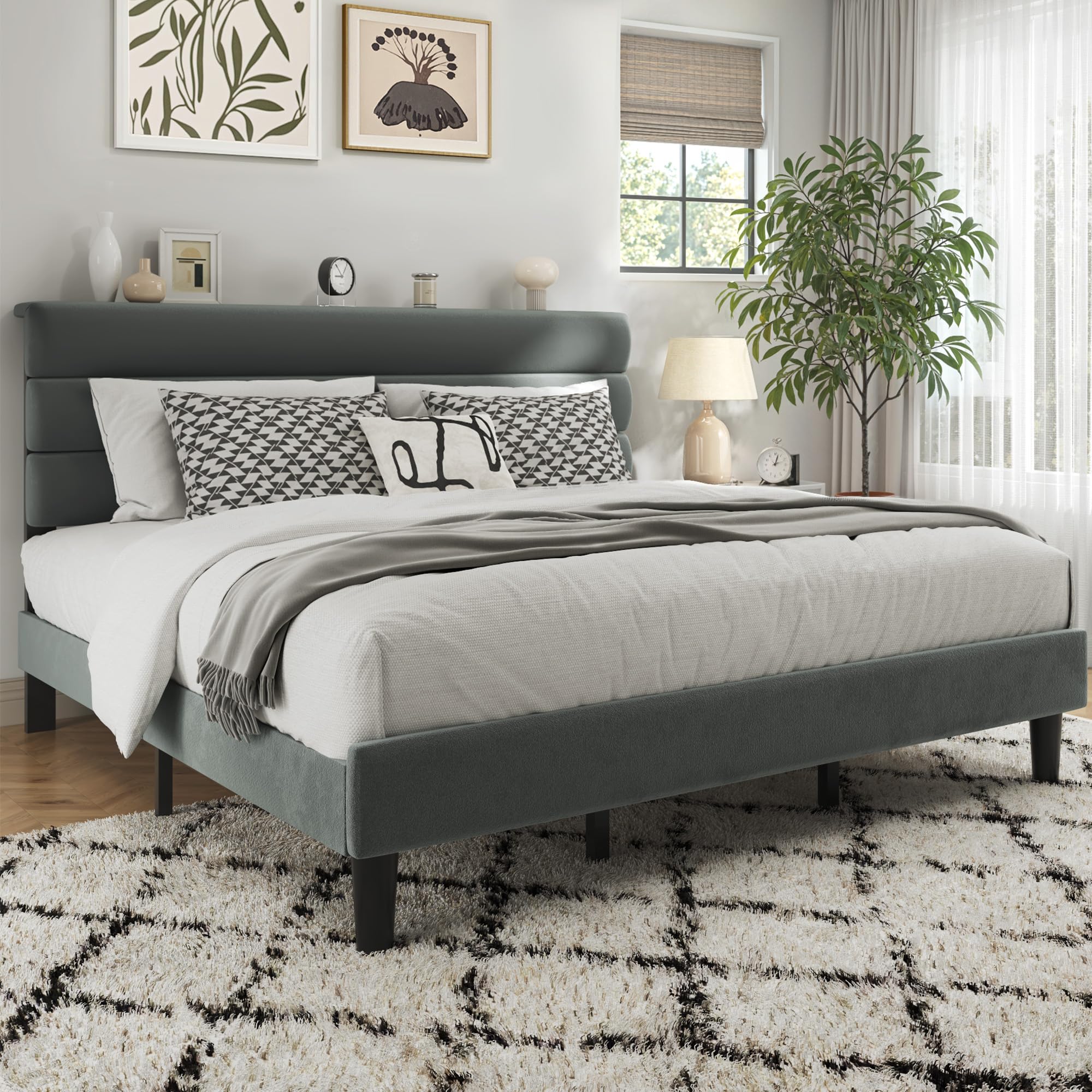 Upholstered Platform Bed Frame with Velvet Headboard