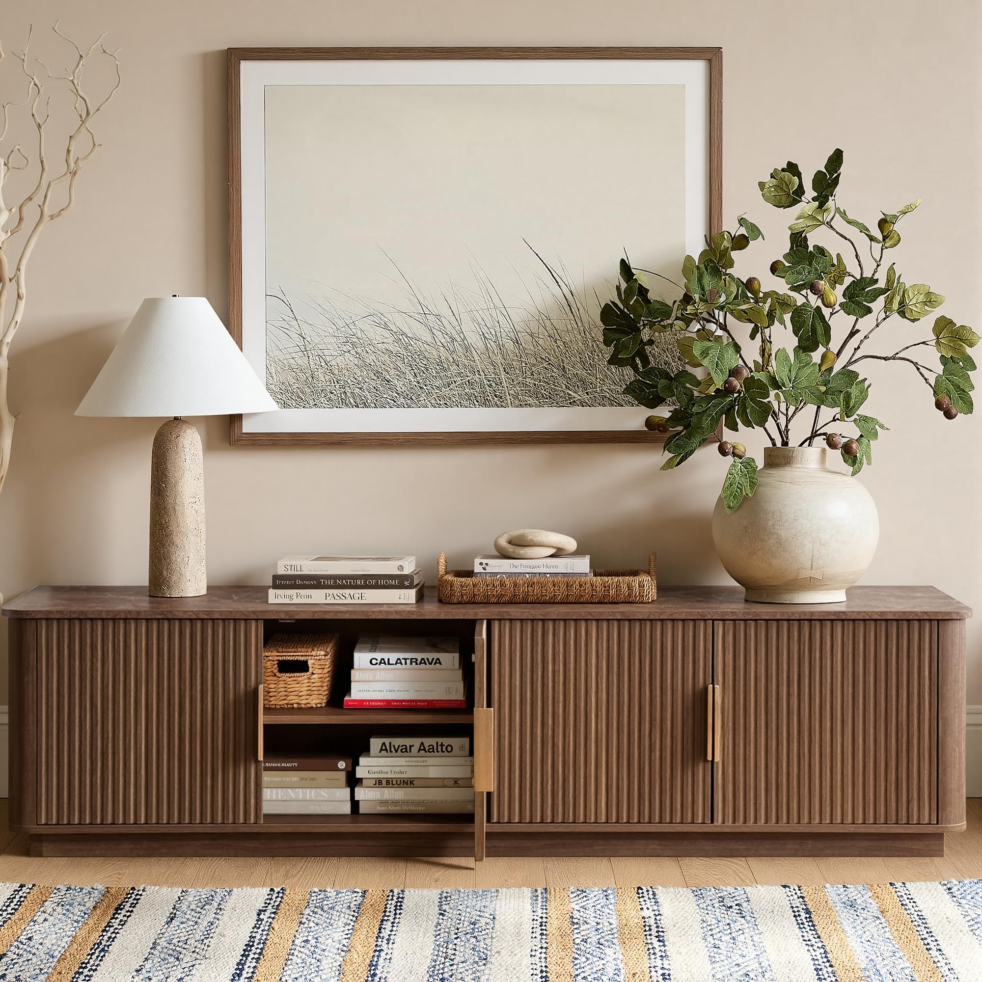 win2win 67" TV Stand for 80 Inch TV, Mid Century Modern Fluted Entertainment Center with Faux Marble Top, Curved Corners, Minimalist Media Console with Storage for Living Room Bedroom, Walnut