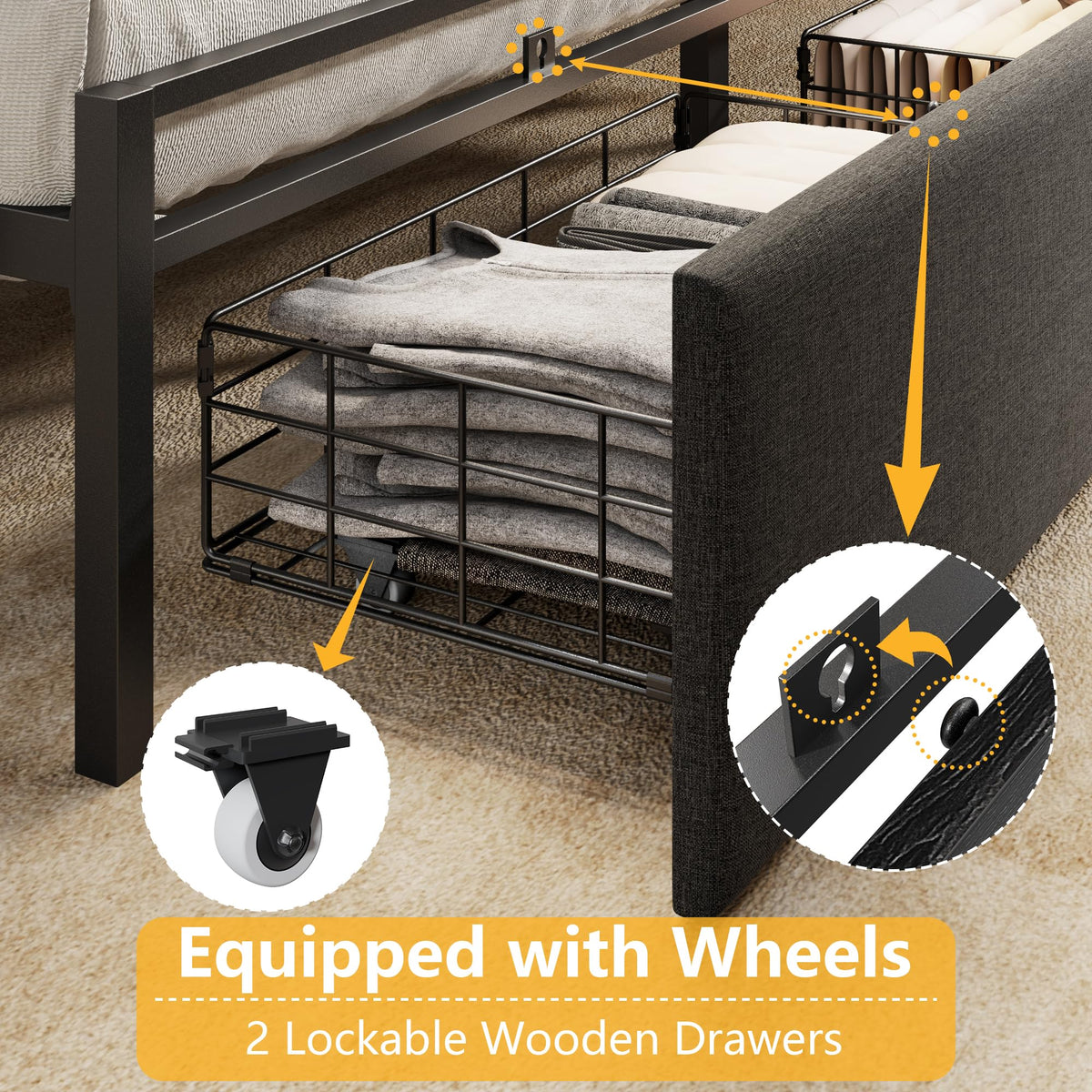 Furnulem Queen Size Bed Frame with Headboard, Drawers, Charging Station