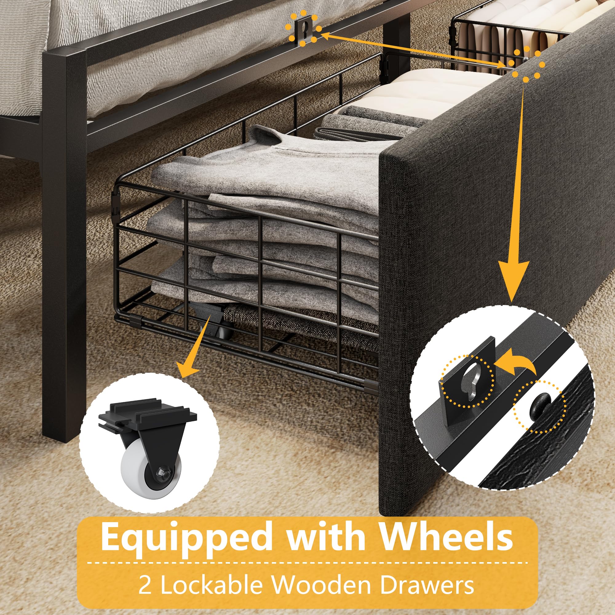 Furnulem Full Size Bed Frame with Upholstered Headboard, Bed Frame Full with Storage Drawers, Charging Station & LED Lights, Metal Platform No Box Spring Needed, Noise Free, Black (1200 lbs Capacity)