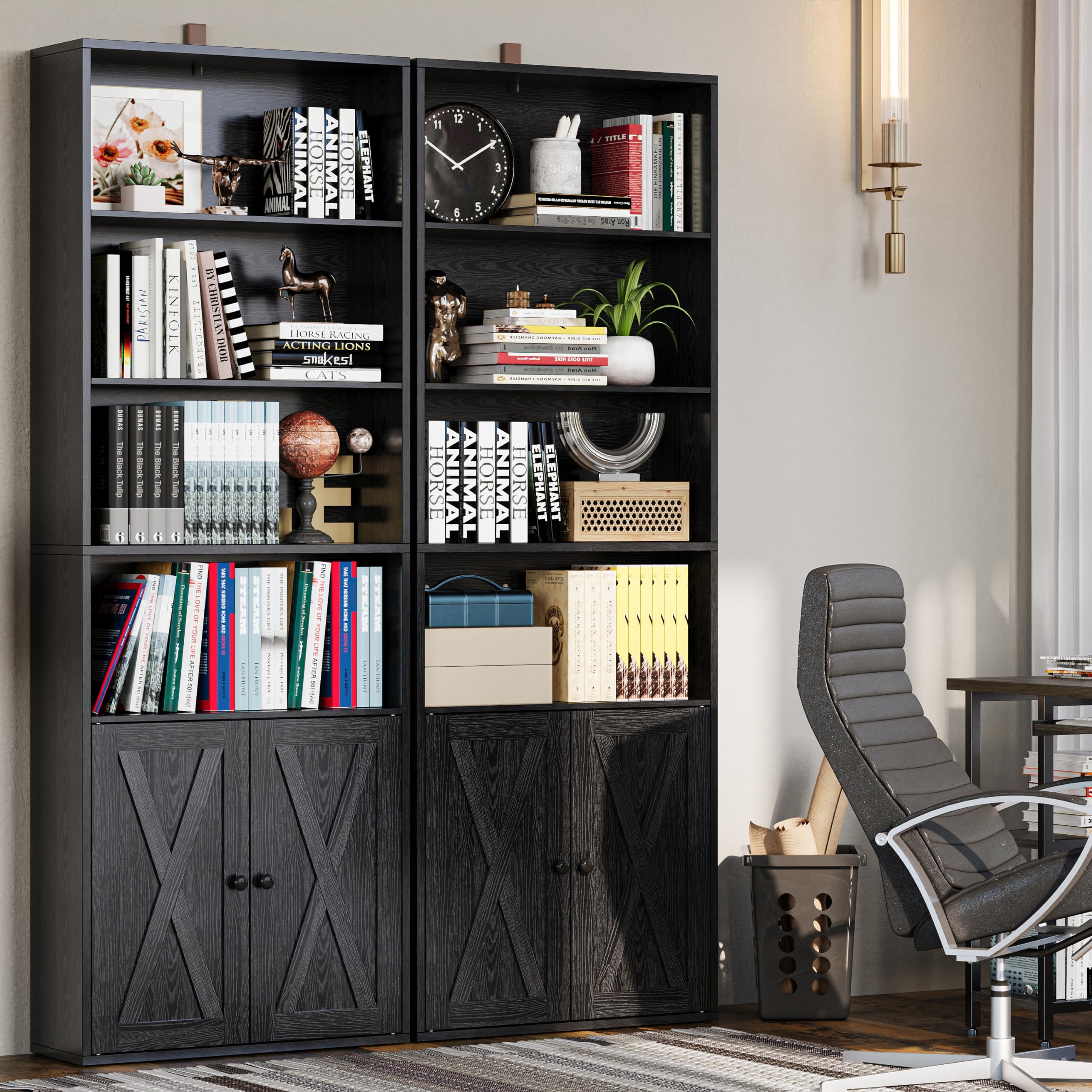 IRONCK Industrial Bookshelves and Bookcases with Doors Set of 2 Floor Standing 6 Shelf Display Storage Shelves 70 in Tall Bookcase for Home Office, Living Room