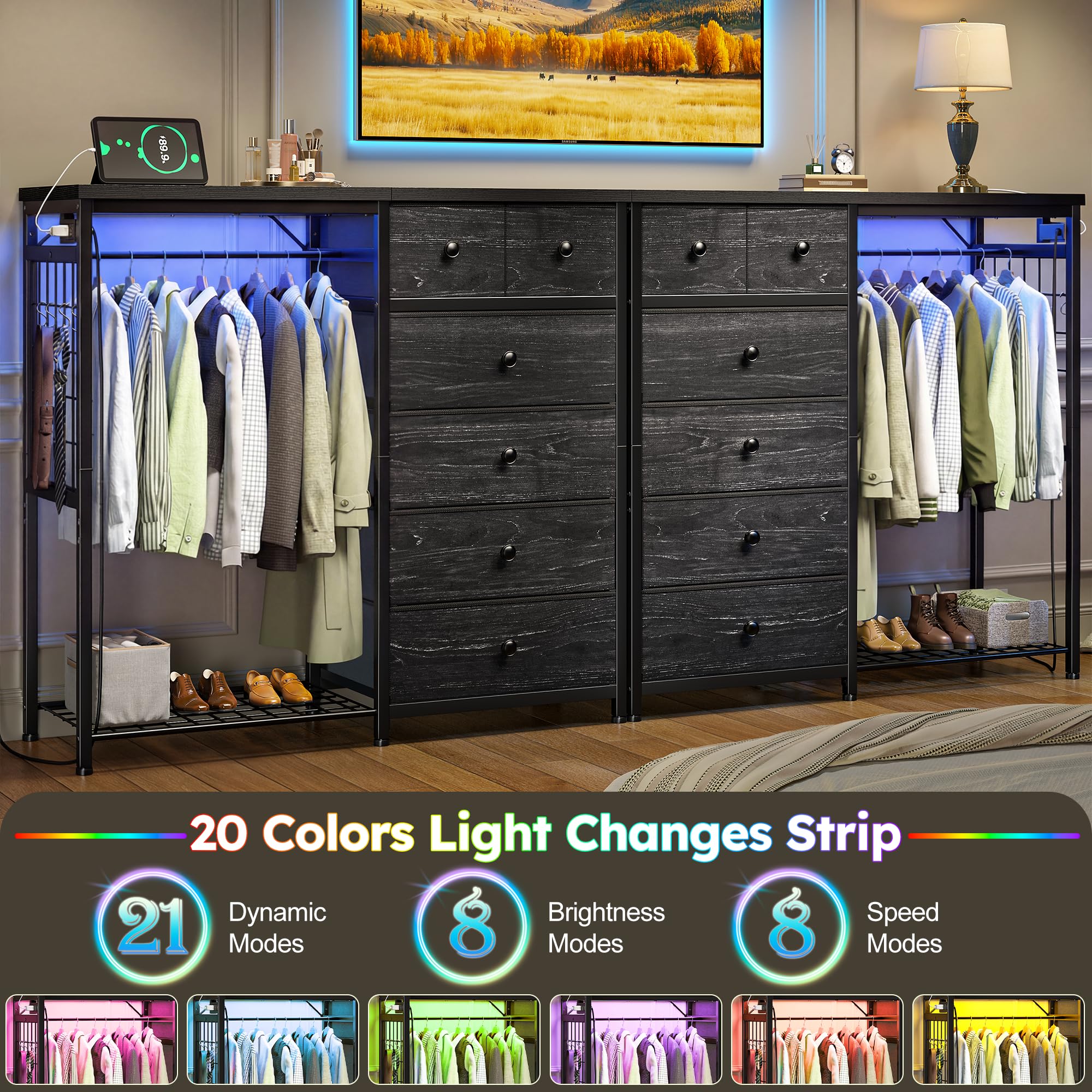 EnHomee Dresser with Hanging Rack, 6 Drawers with LED Lights & Charging Station, Fabric Chest of Drawers, Closet Storage Organizer with Open Shelves for Living Room, Black