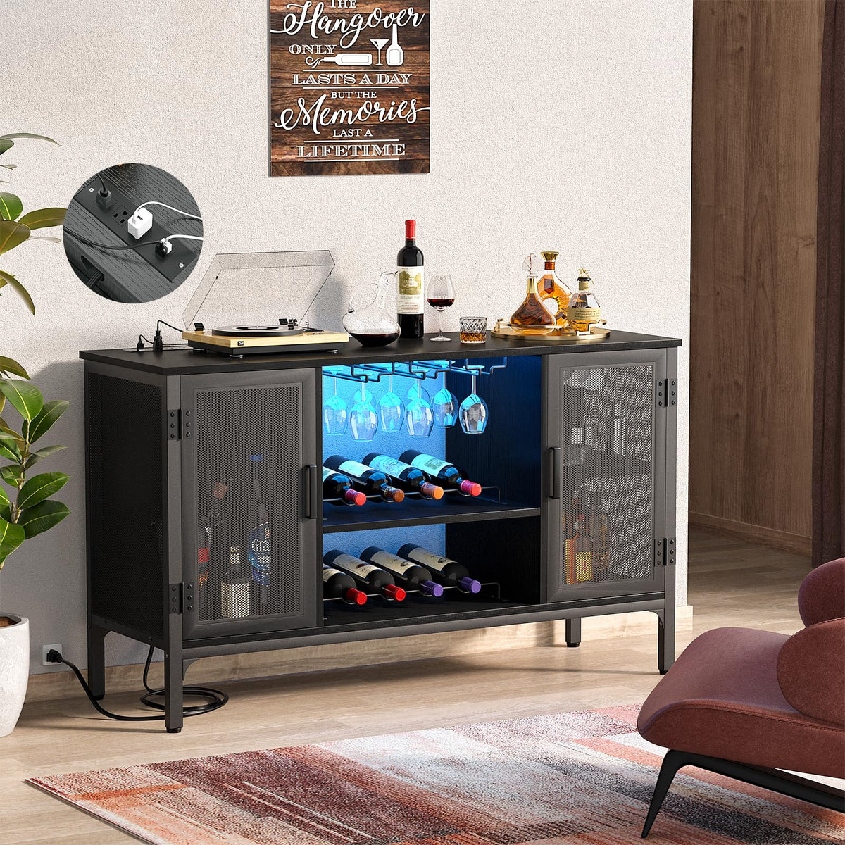 Homieasy Wine Bar Cabinet with Power Outlets & LED Lights, Black
