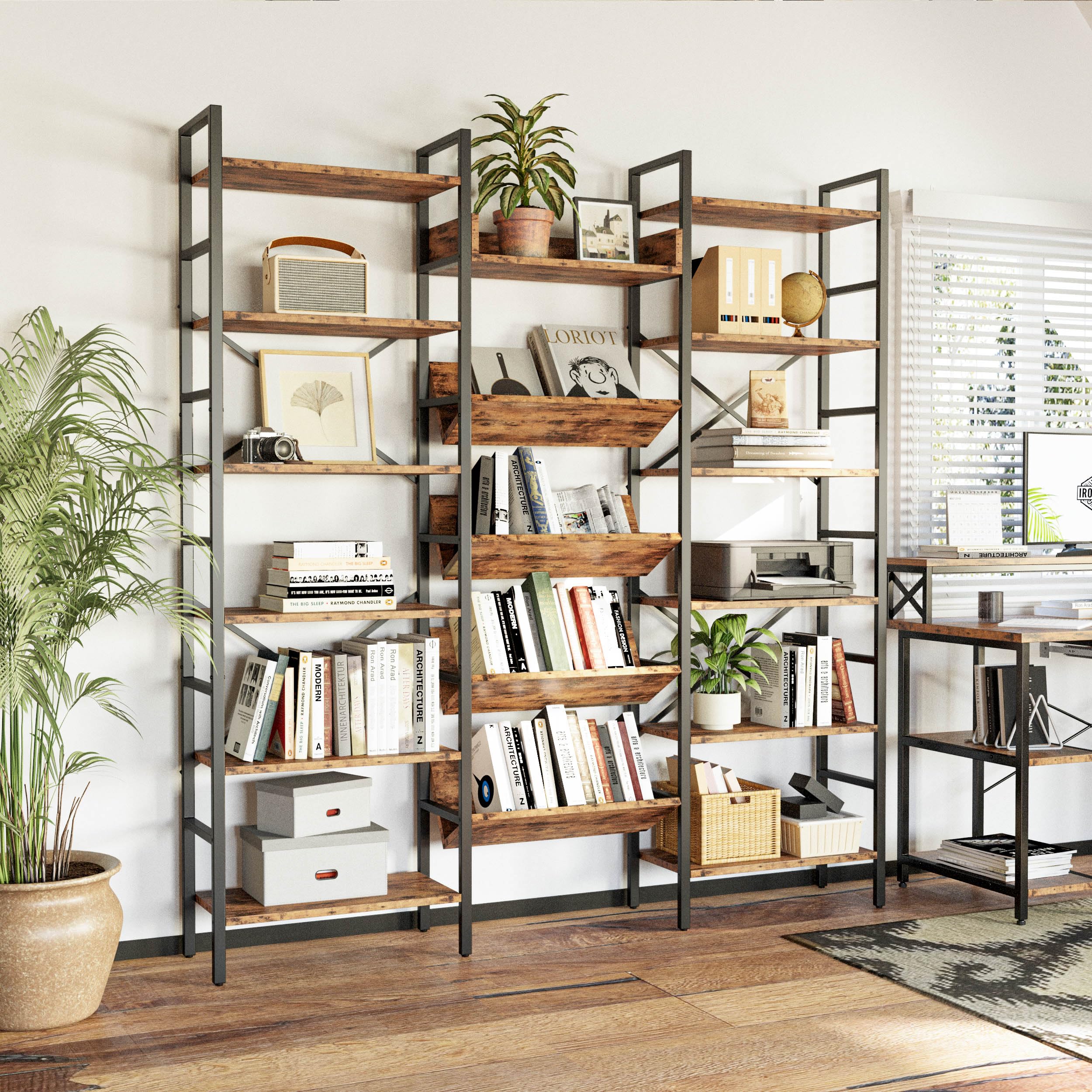 Industrial Bookshelf 6-Tier Triple Wide with Metal Frame