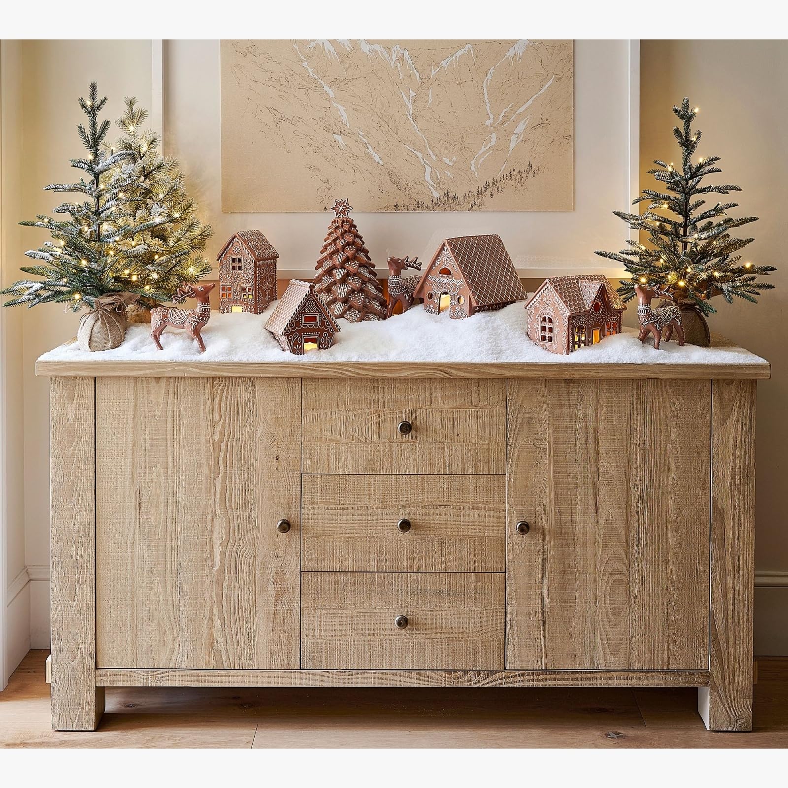 66" Reclaimed Pine Sideboard Buffet, Pale Sand Finish Credenza with 3 Drawers, 2 Doors & Cord Cutouts, Farmhouse Style, Natural Oak