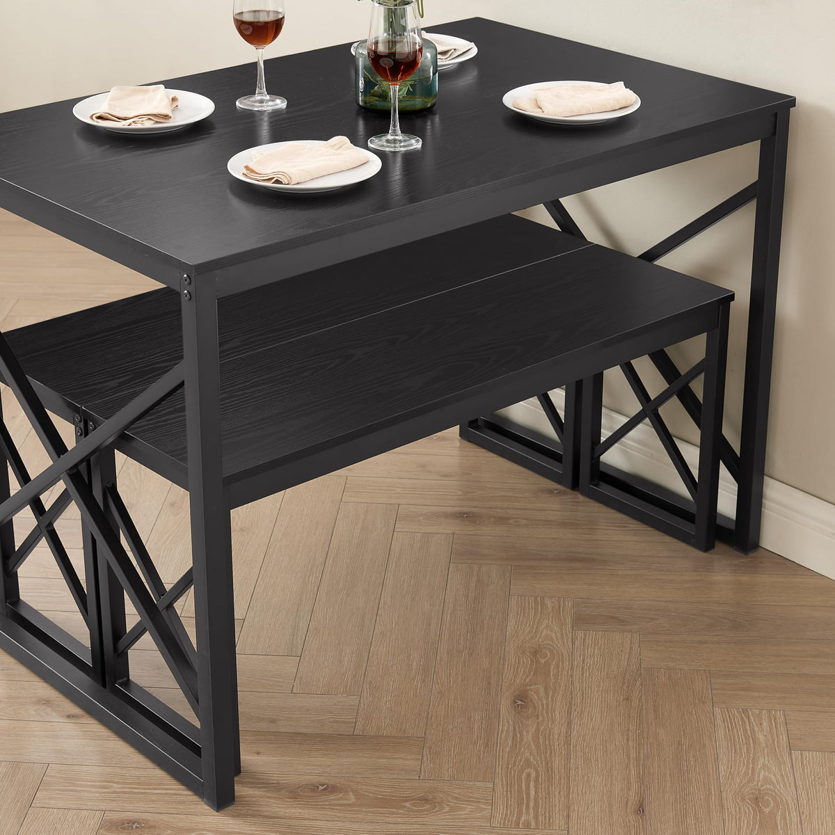 VECELO 43.3" Kitchen Dining Table Set for 4, Heavy-Duty Steel Frame & Wood-Grain Tabletop, Space-Saving Dinette Sets with 2 Benches for Breakfast Nook and Small Space, Matte Black