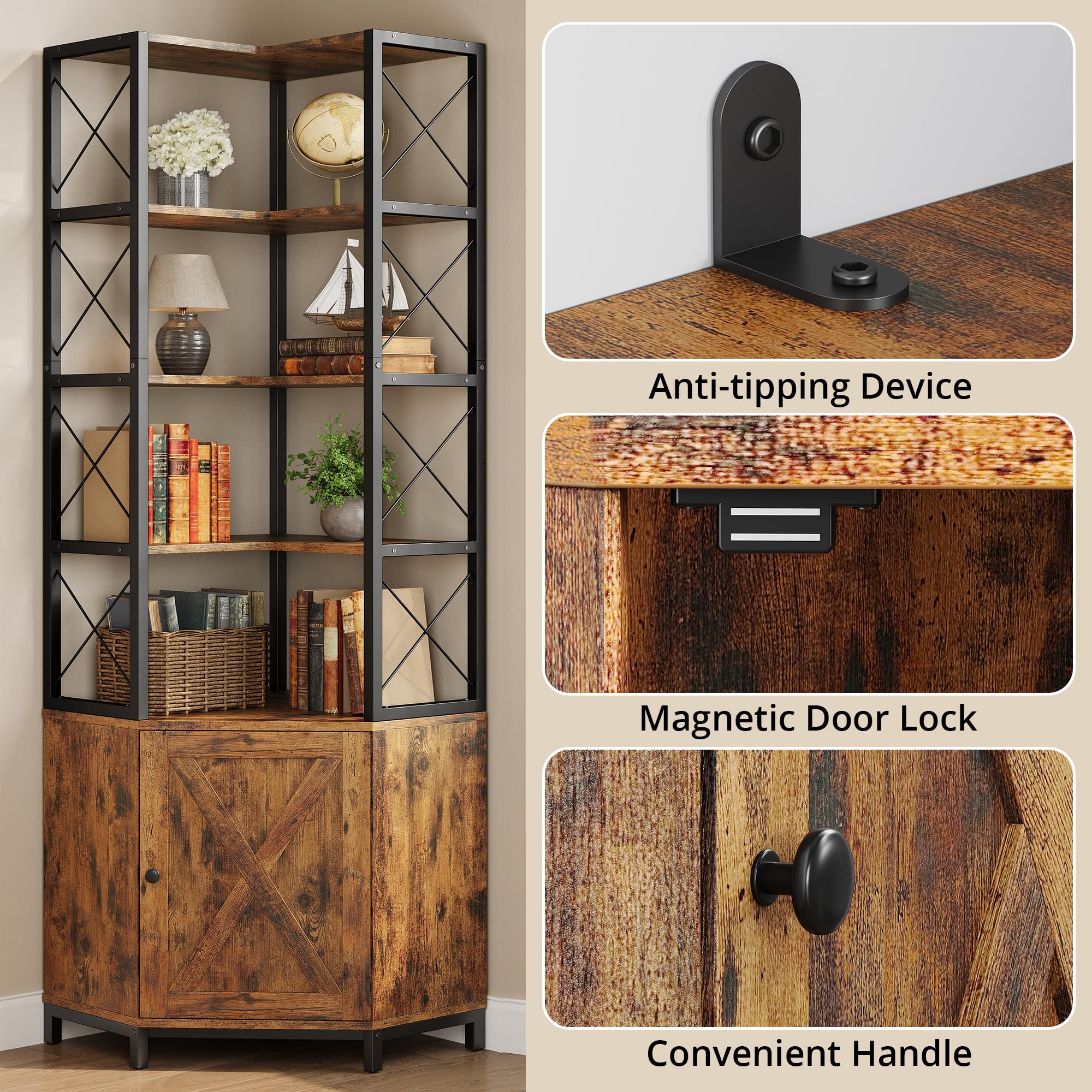 IRONCK Corner Bookshelf with 5-Tier Open Shelves, 77.9" Tall L-Shaped Bookcase with Enclosed Cabinet, Adjustable Feet, Anti-Tip Device, Walnut
