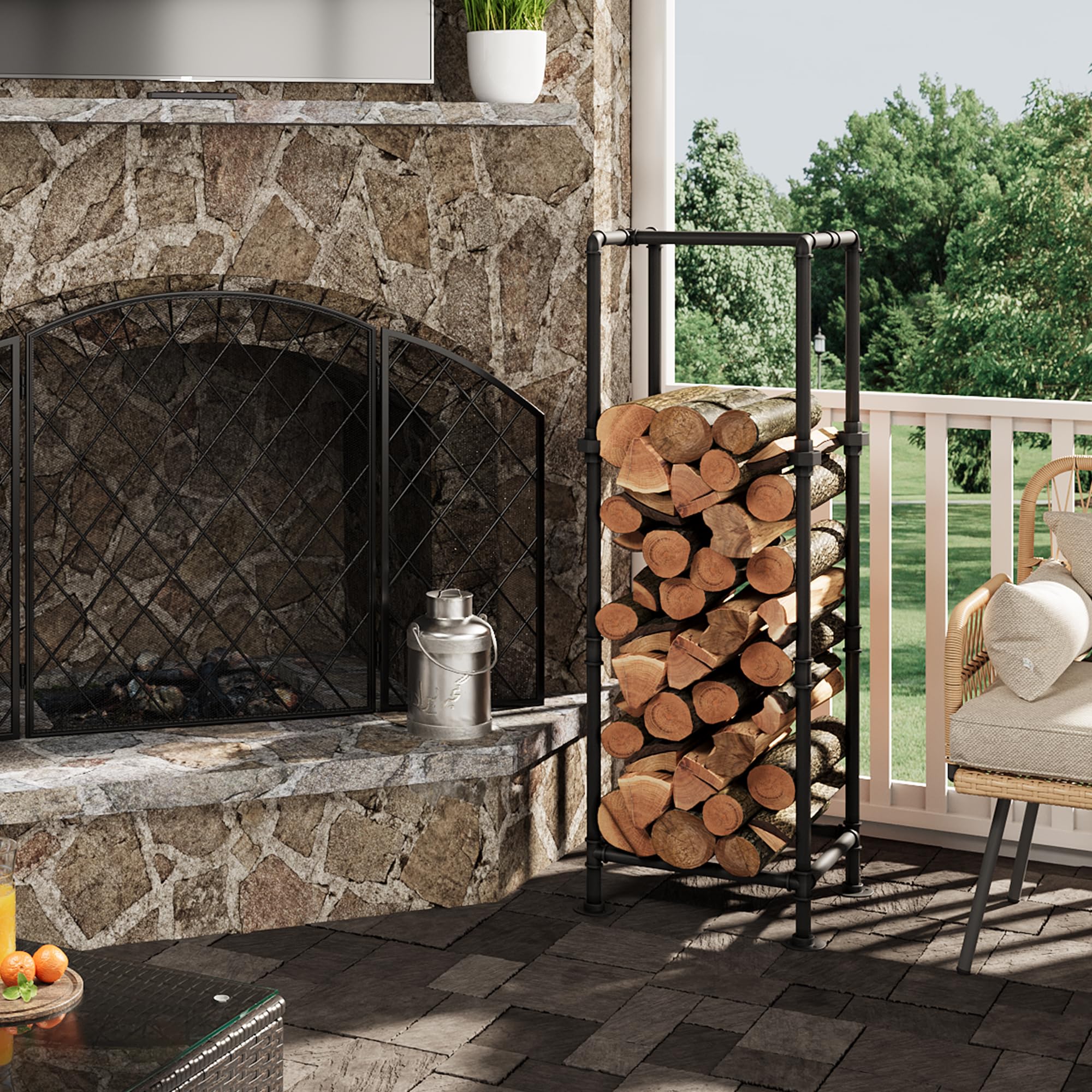 Industrial Firewood Rack with Metal Pipe Frame