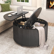 Lift Top Coffee Table w/Storage for Living Room, 35" Modern Round Fluted Coffee Tables w/Large Hidden Space, Wood Living Room Table w/Gas Lift, Center Table for Bedroom, Home Office,Black