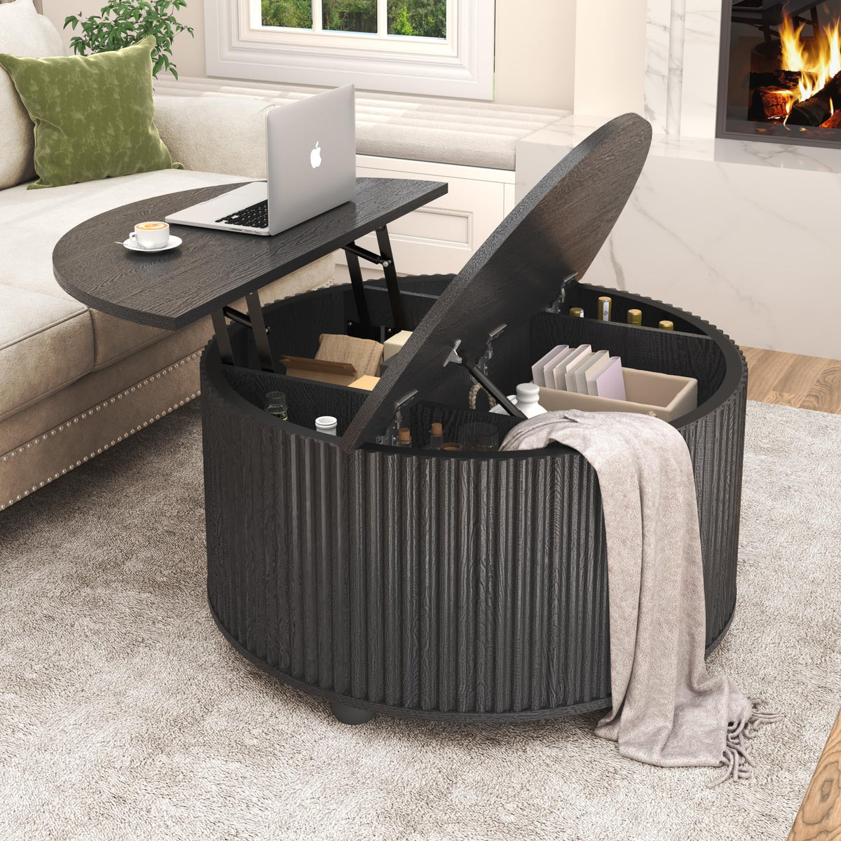 Lift Top Coffee Table w/Storage for Living Room, 35" Modern Round Fluted Coffee Tables w/Large Hidden Space, Wood Living Room Table w/Gas Lift, Center Table for Bedroom, Home Office,Black