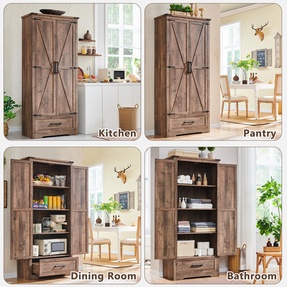 XIASLO 72" Tall Wood Storage Cabinet, Farmhouse Kitchen Pantry Cabinet with Adjustable Shelves & Drawer & Barn Doors, Versatile Storage for Kitchen, Dining Room, Bathroom, Light Brown