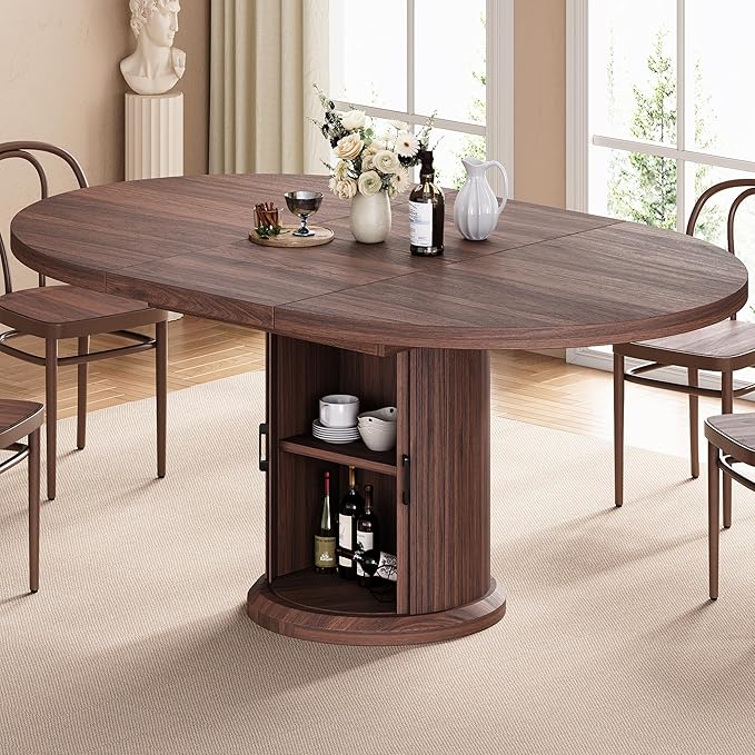 Extendable Round Dining Table 47"-63" with 2-Tier Storage Shelf