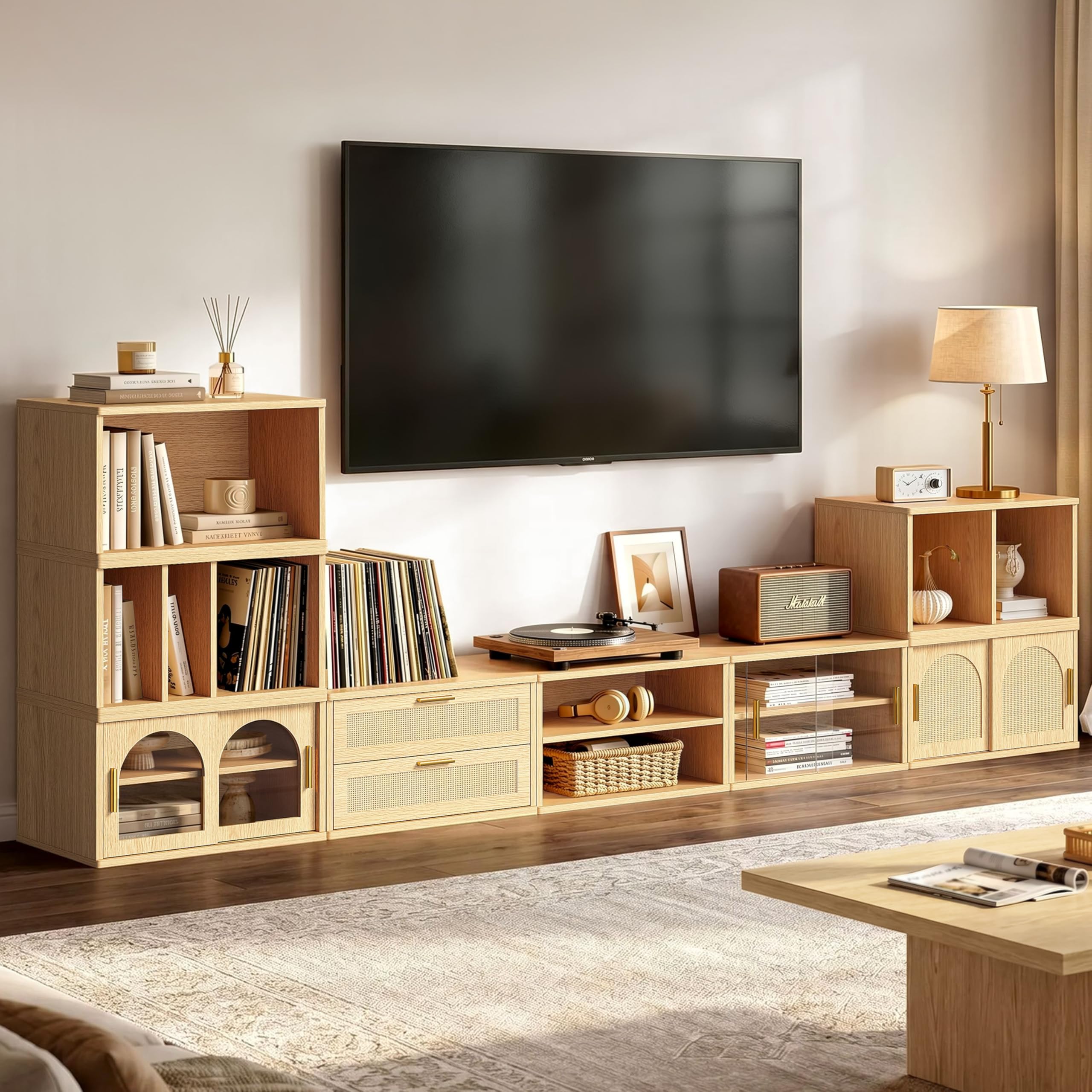 LIKIMIO Modular TV Stand Set for 65-100 Inches TV, Flexible Combination Entertainment Center with 8-Piece Storage Cabinet, Wood Media Console with Drawers & Rattan Doors for Living Room, Natural