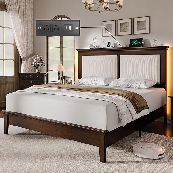 Solid Wood Bed Frame with Headboard, LED & Charging Station