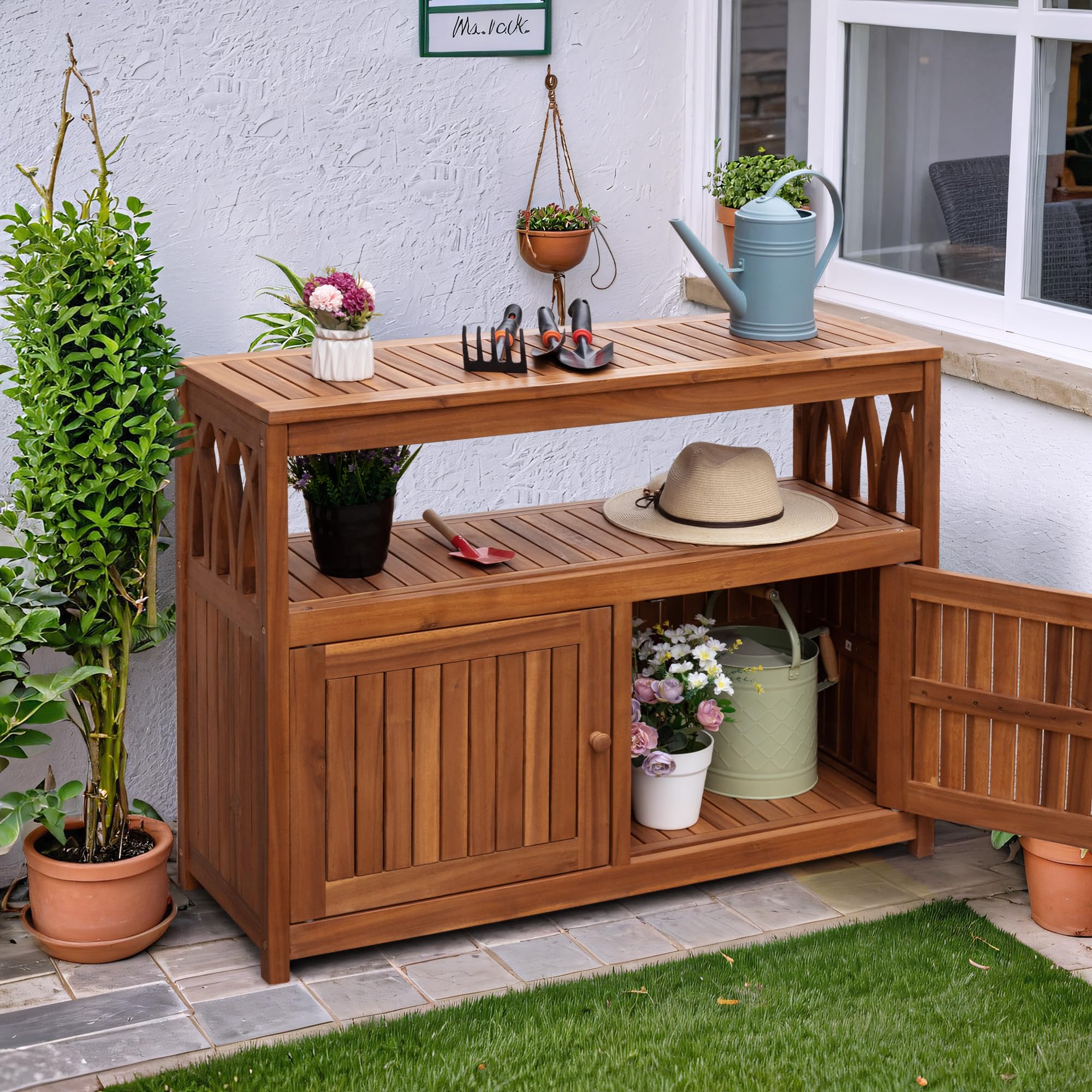 Acacia Wood Outdoor Storage Cabinet with 2 Magnetic Doors