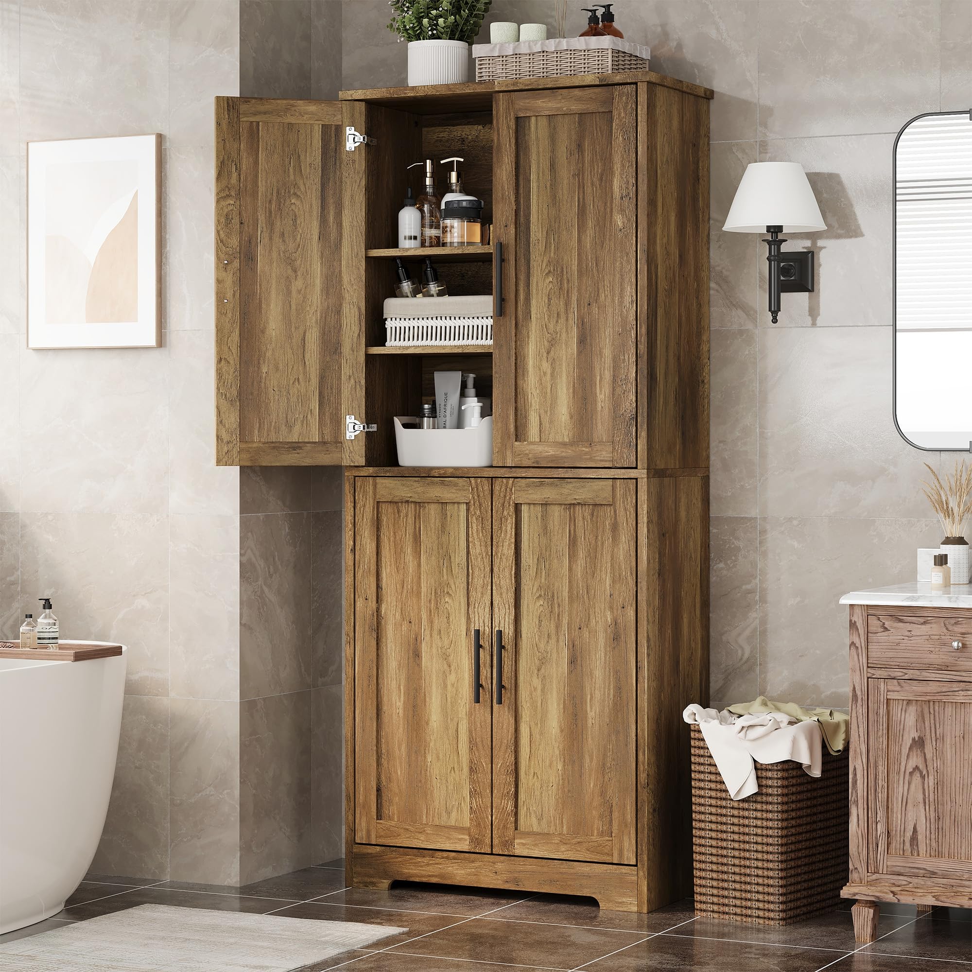 Garvee Modern Tall Pantry Cabinet – Freestanding Kitchen Storage Cupboard with 4 Doors & 3 Adjustable Shelves – Versatile for Living Room, Dining Room, Bathroom, Laundry, Utility – Barnwood Finish