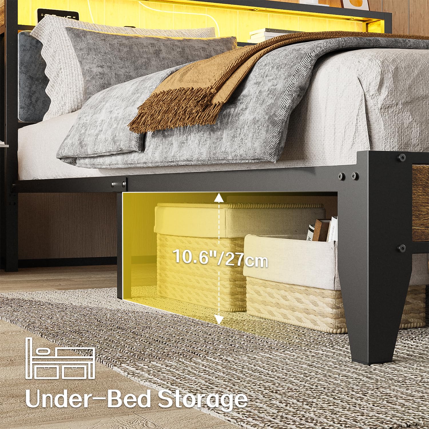Metal Platform Bed Frame with LED Headboard & Charging Station