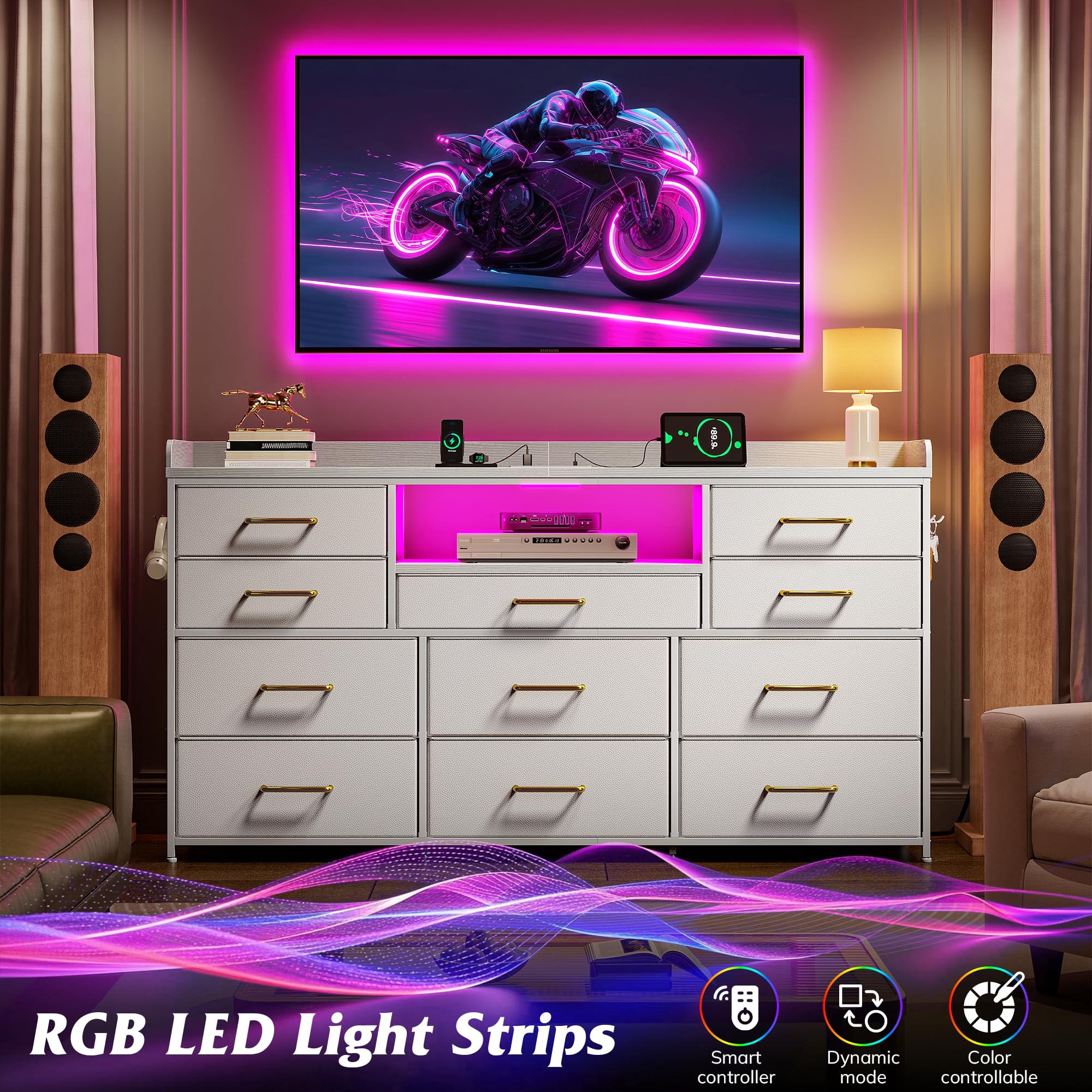 EnHomee Dresser TV Stand with 11 Drawers, 60" TV Stand with LED Lights & Power Outlets, White Dresser for Bedroom with Shelves & 5 Hooks for Dorm, Hallway