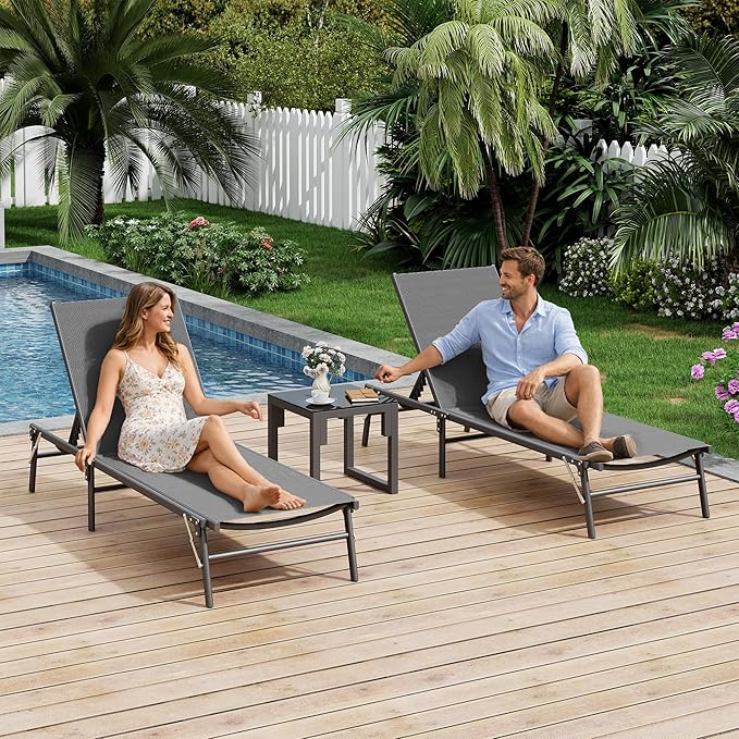 Foldable Patio Lounge Chair Set with Side Table