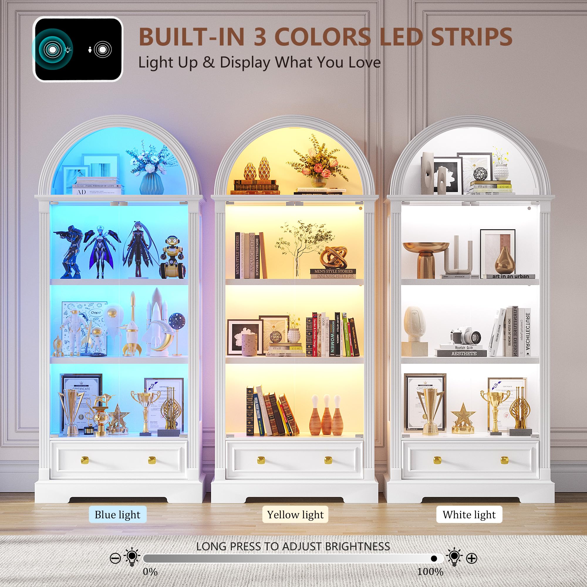 Arched Glass Display Cabinet with Motion Sensor LED Lights