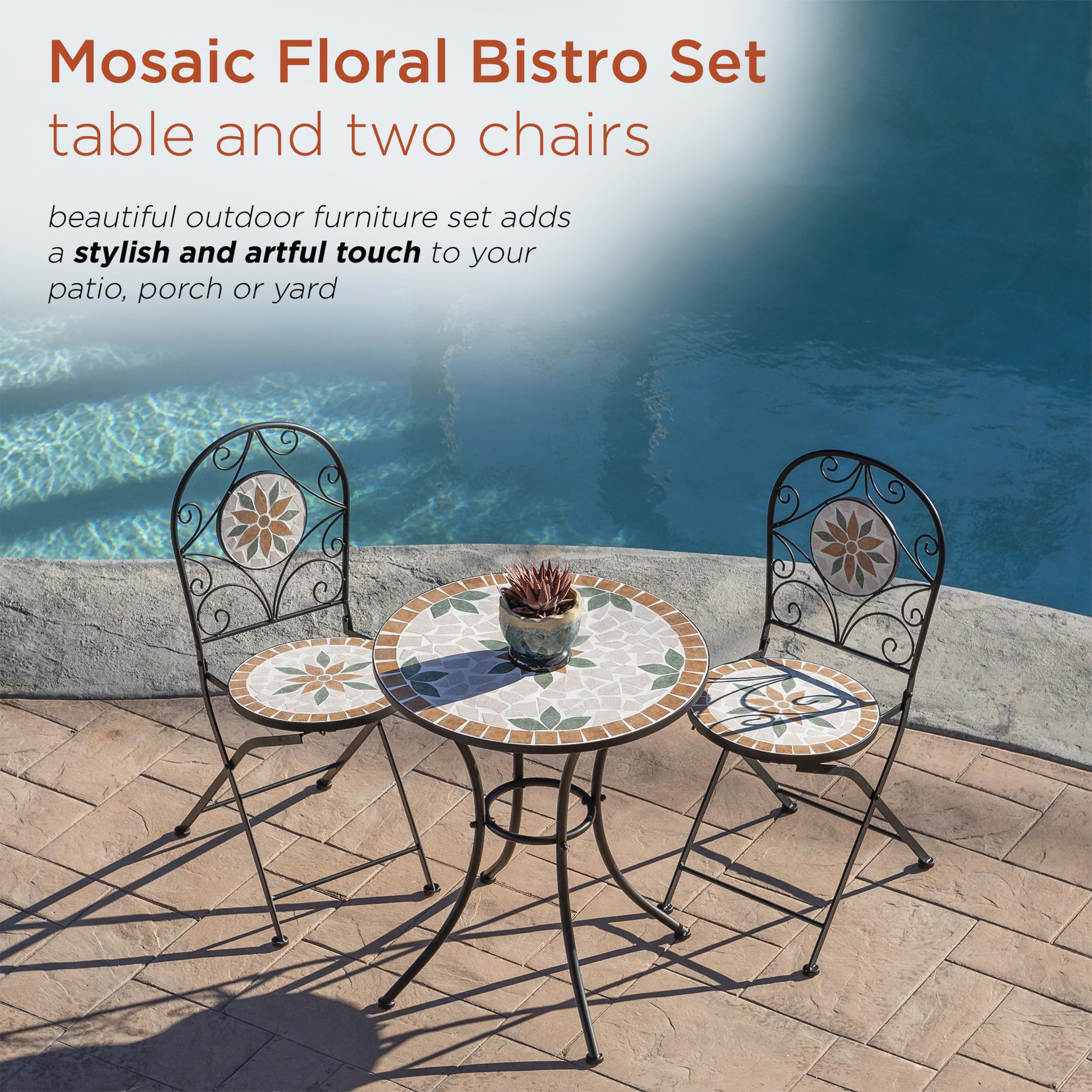 Alpine Corporation Indoor/Outdoor 3-Piece Mosaic Bistro Set Folding Table and Chairs Patio Seating, Tan