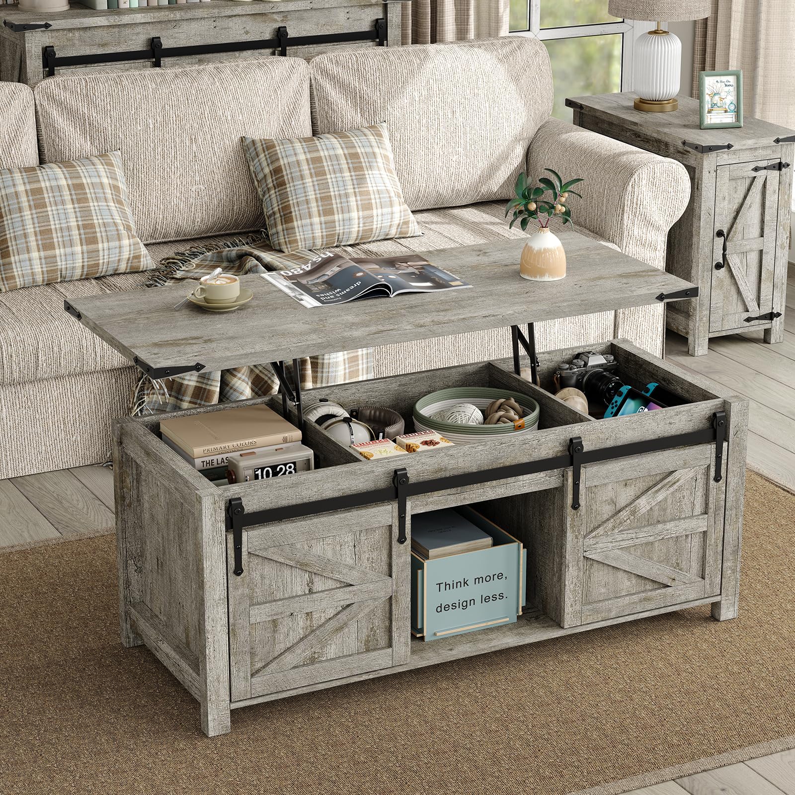 3-Piece Coffee & End Table Set with Charging Station, Oak Grey