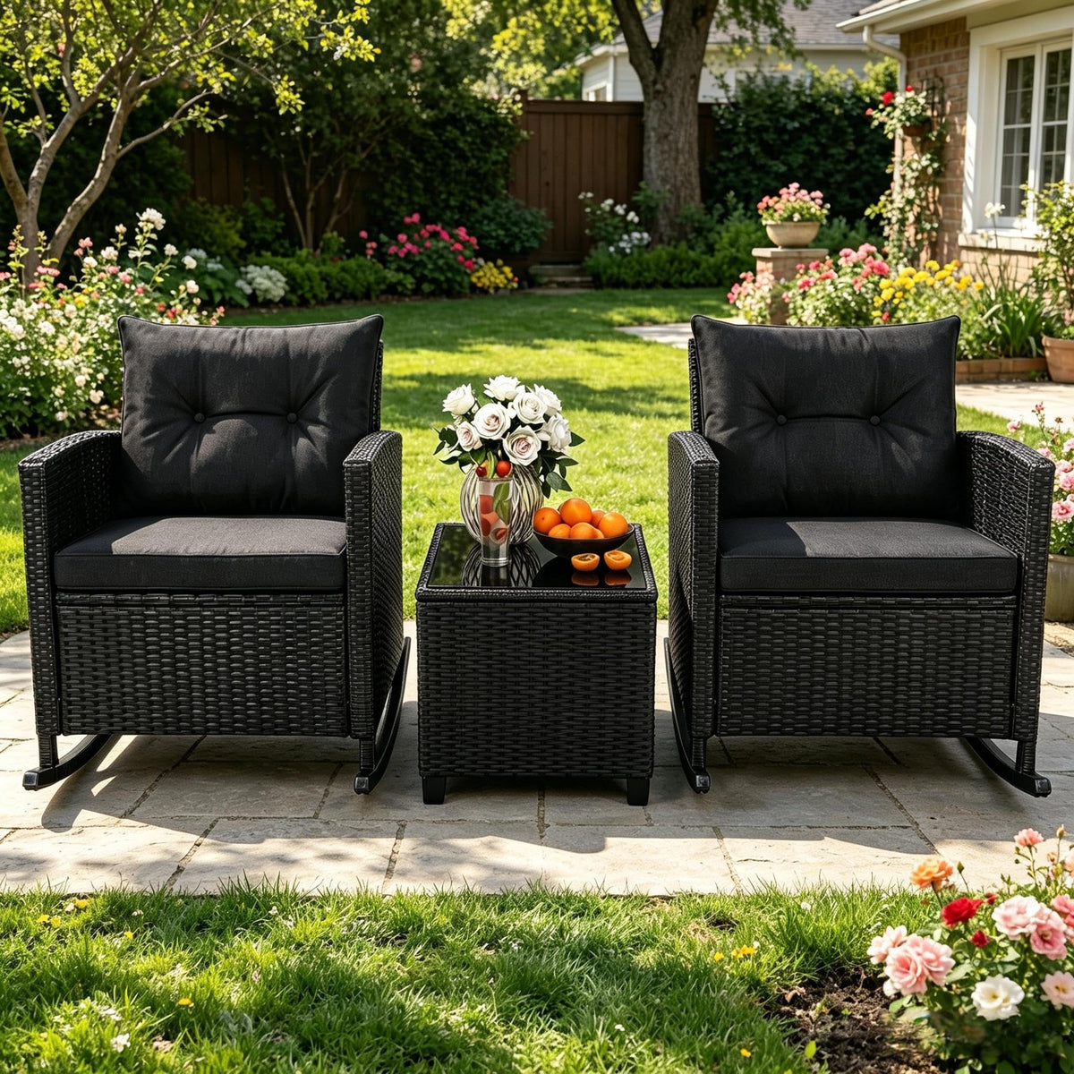ORALNER 3 Pieces Patio Rocking Chair, Black Wicker Bistro Set (Black)