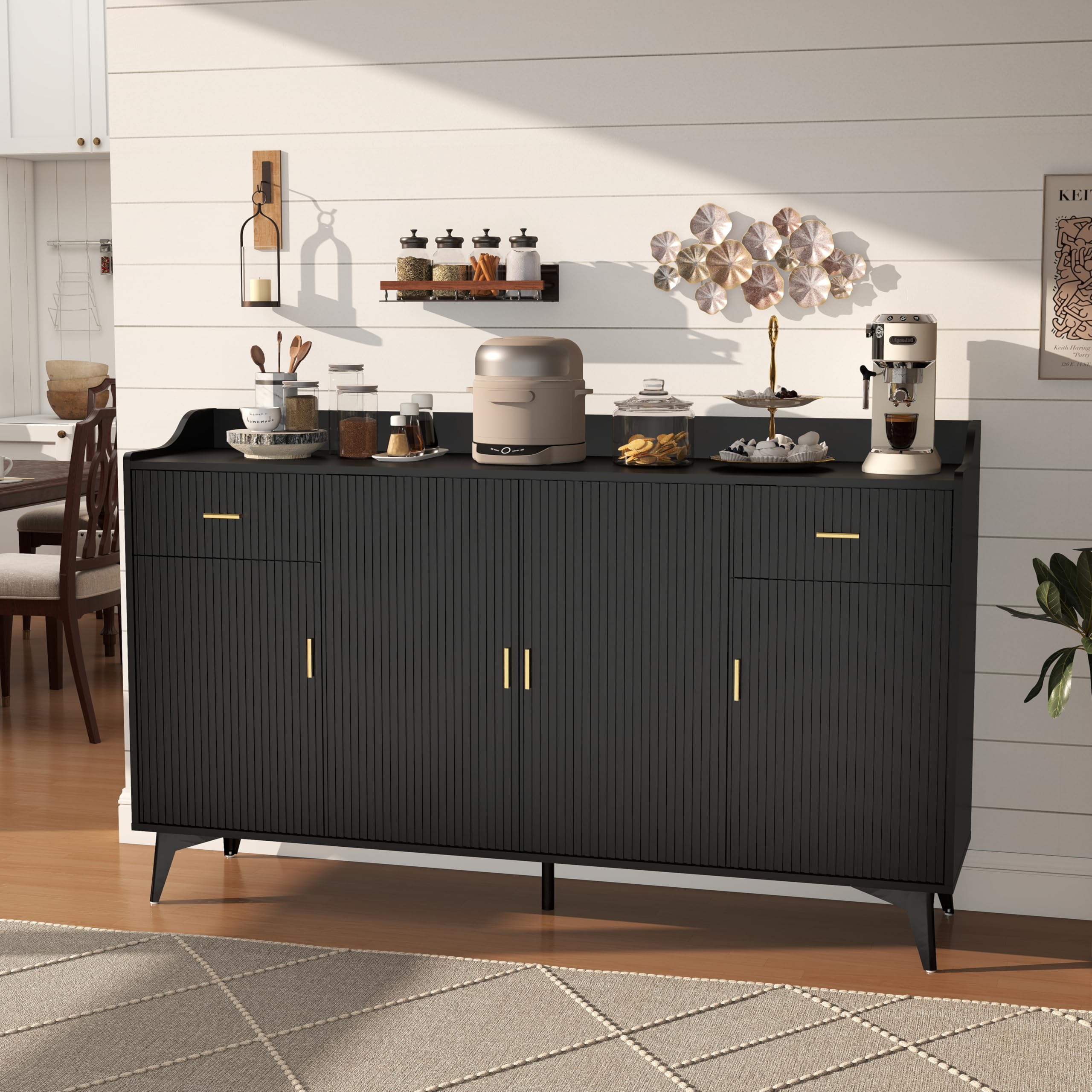 Black Fluted Sideboard Buffet Cabinet with Storage