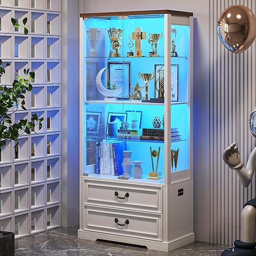 4-Tier Glass Display Cabinet with 2 Drawers, Tri-Color LED Sensor Lights & Pop-Up Door – 67"