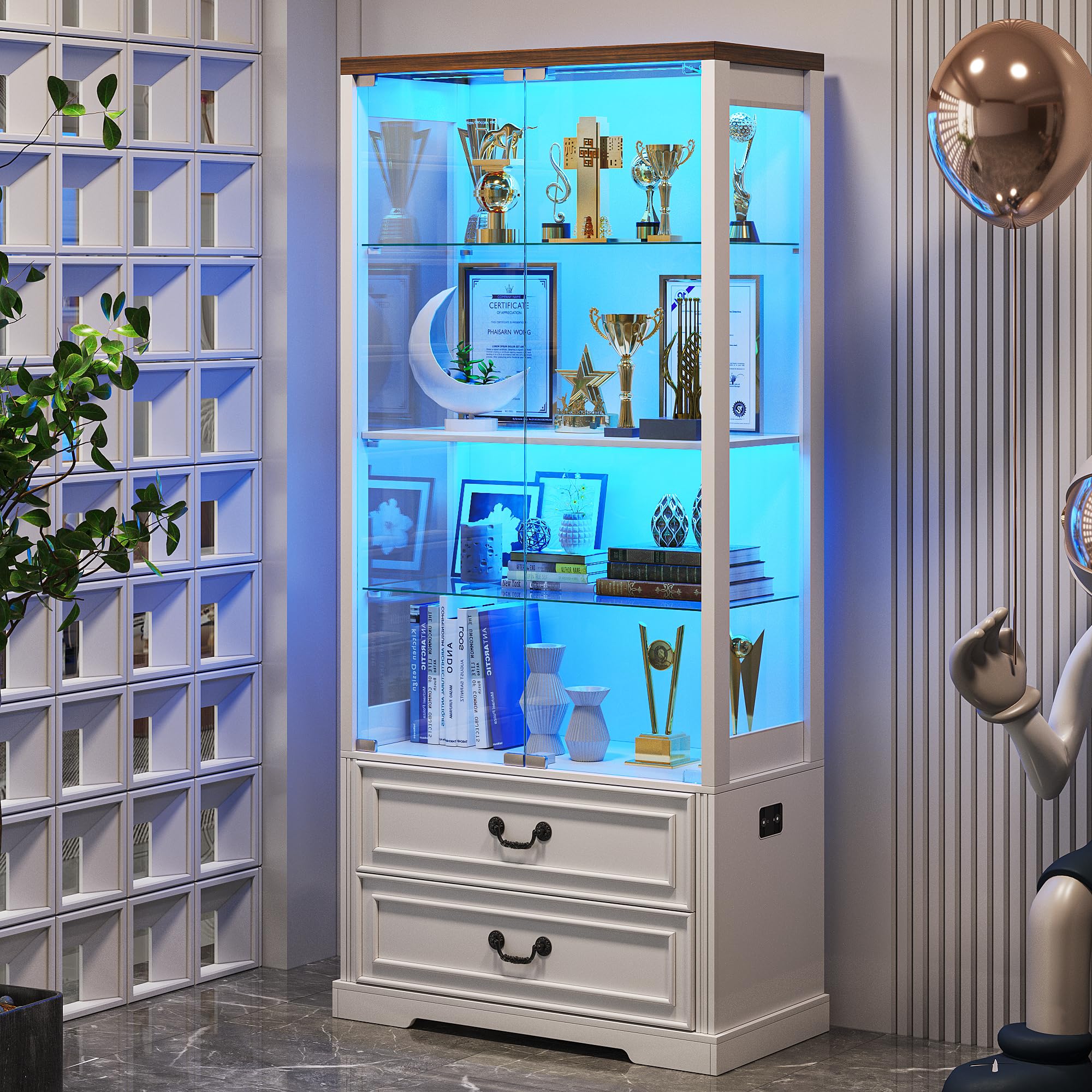 4-Tier Glass Display Cabinet with 2 Drawers, Tri-Color LED Sensor Lights & Pop-Up Door – 67"
