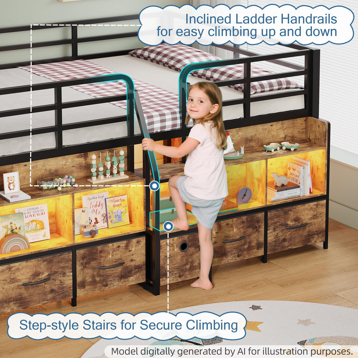 BYSAUD Full Low Loft Bed with 5 Storage Drawers and 6 Bookcases, Brown