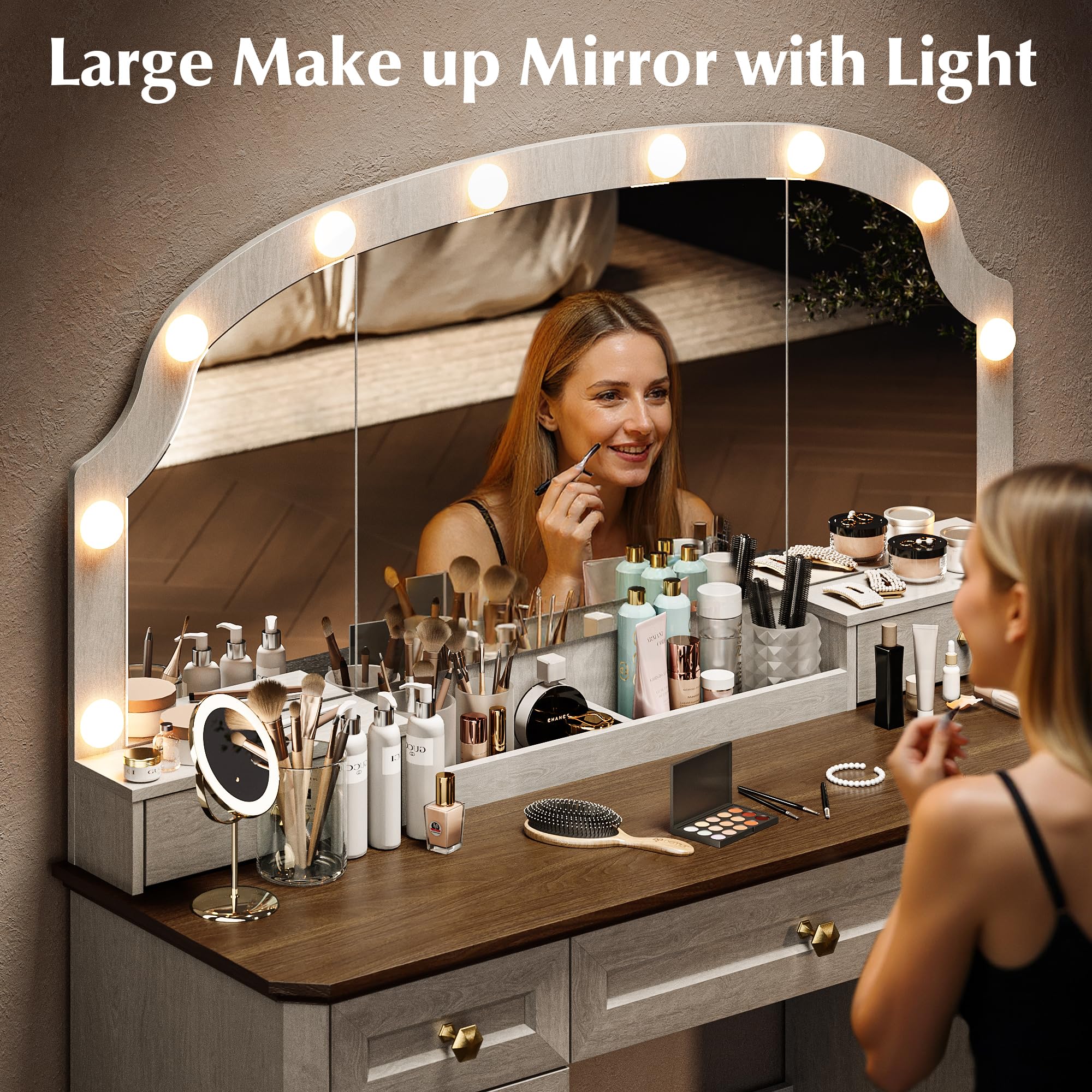 AMBERHAUS Farmhouse Makeup Vanity Desk with Mirror and Lights, 47'' Vanity Table with 8 Storage Drawers 1 Cabinet & 2 Organizer Trays, Large Dressing Table with Charging for Bedroom Rustic White