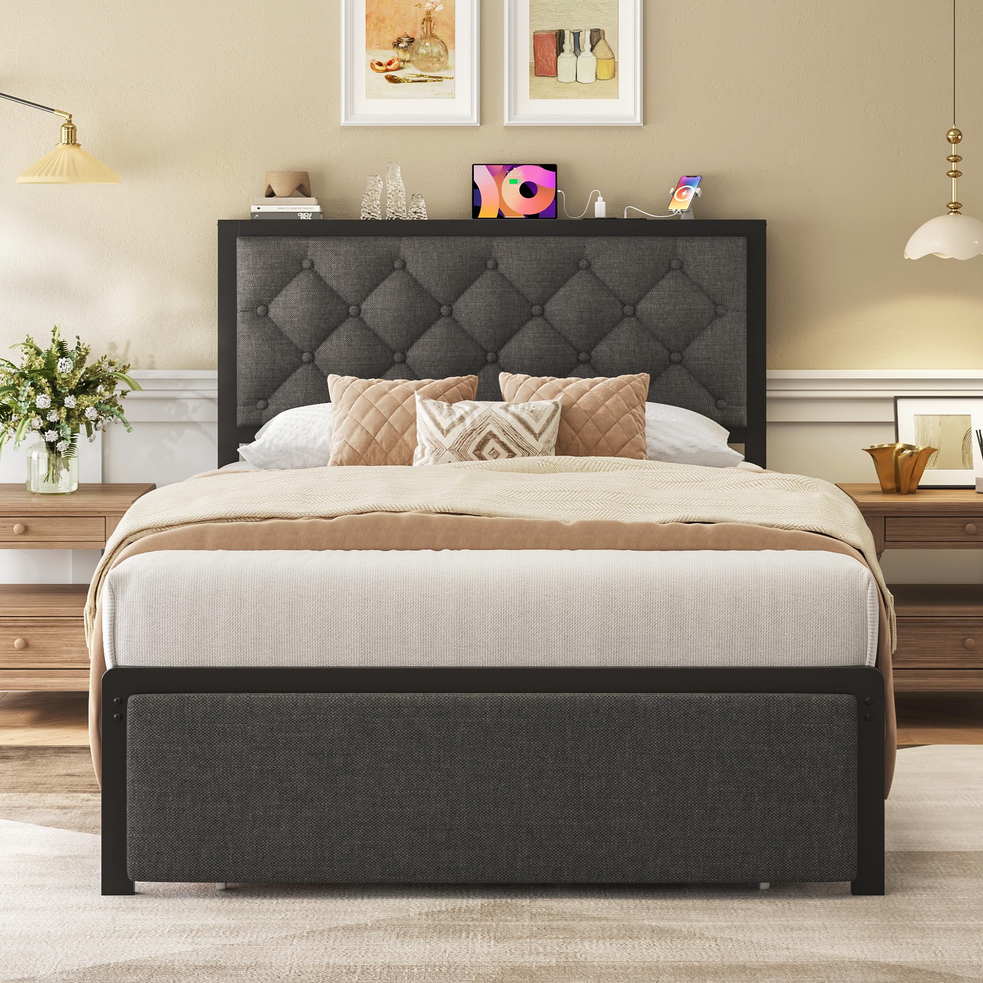 Fluest Twin Bed Frame with Storage Drawer, Upholstered Headboard Button Tufted Bed Frame with Charging Station, No Box Spring Needed, Noise-Free, All Metal Structure, Grey