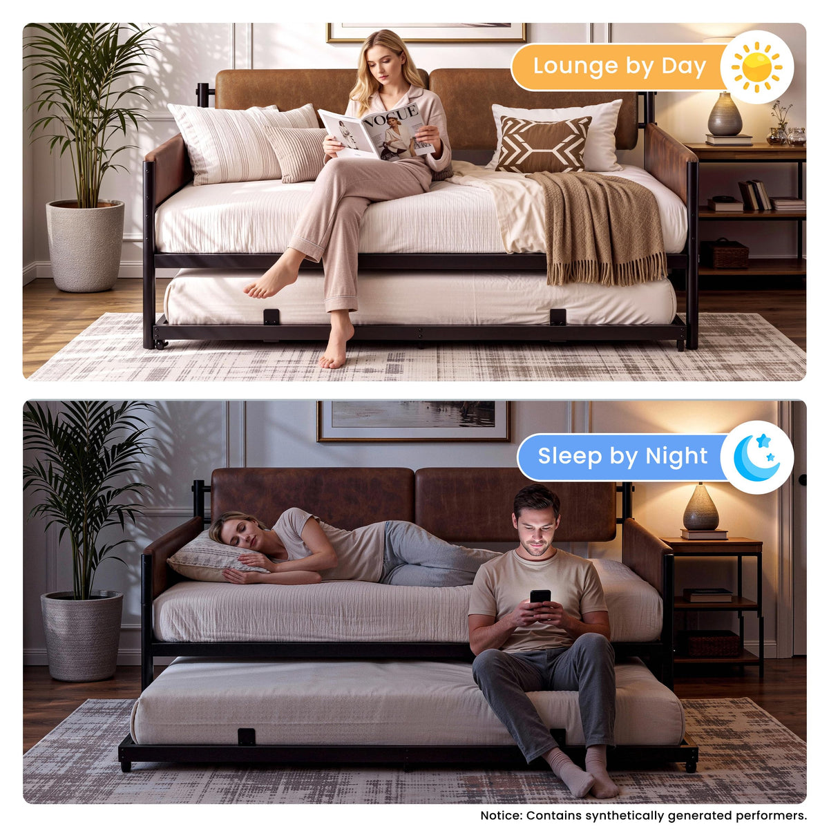 LIKIMIO Twin Upholstered Daybed with Pull Up Trundle, Brown