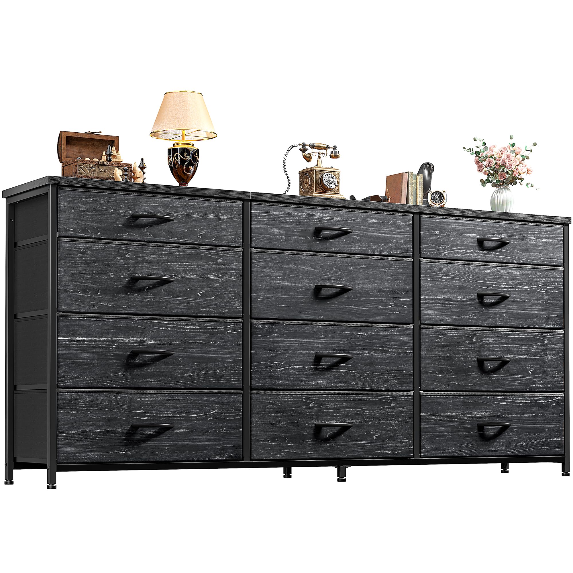 12-Drawer Long Dresser with Metal Frame and Wood Top