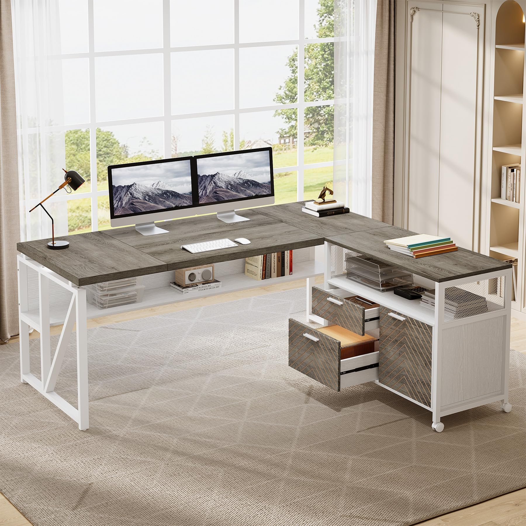 Tribesigns L-Shaped Desk with Drawers, 63" Executive Office Desk with Mobile File Cabinet and Storage Shelves, Home Office Business Furniture Set (Gray, White)