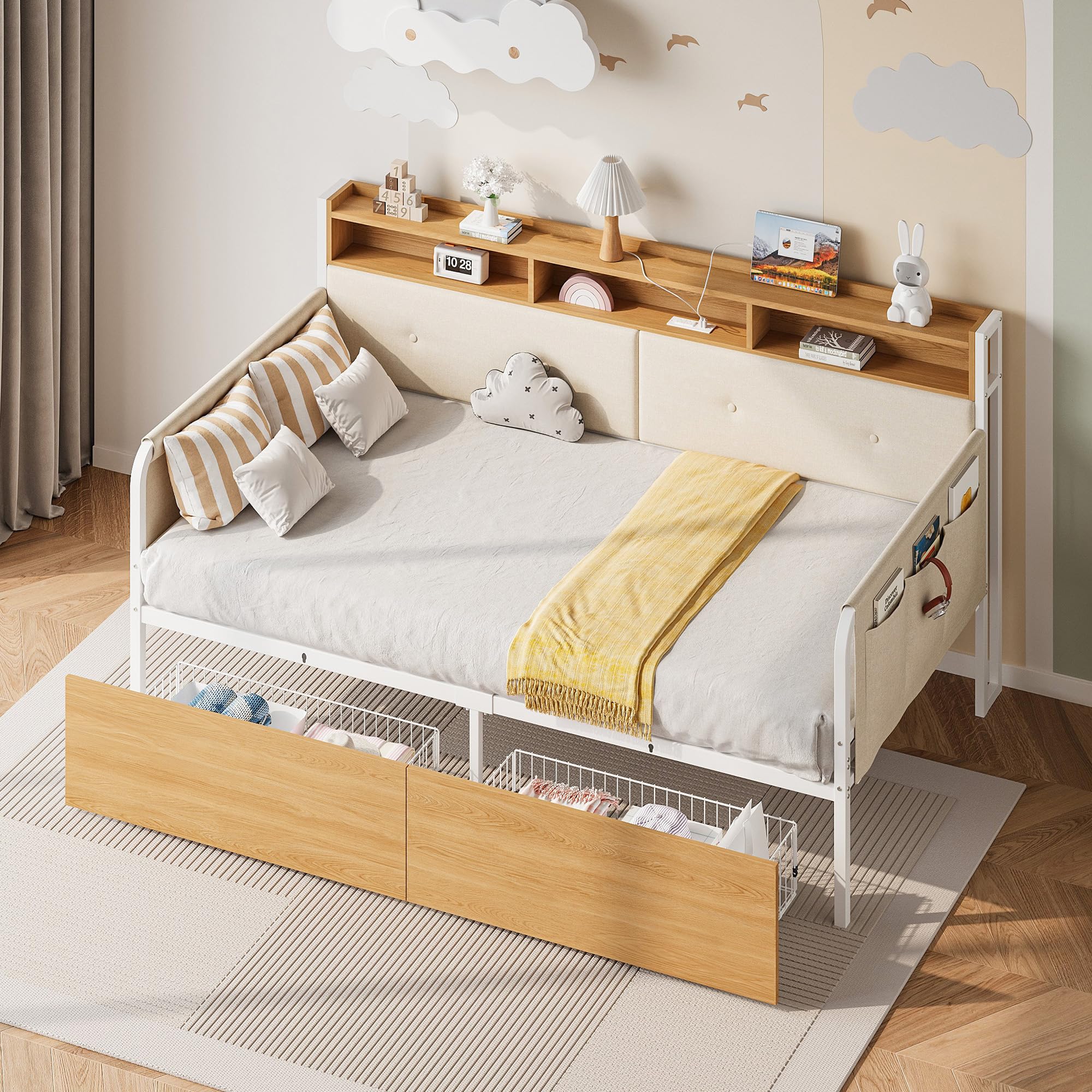 LIKIMIO Twin Daybed with Storage,Upholstered Headboard and Charging Station,White