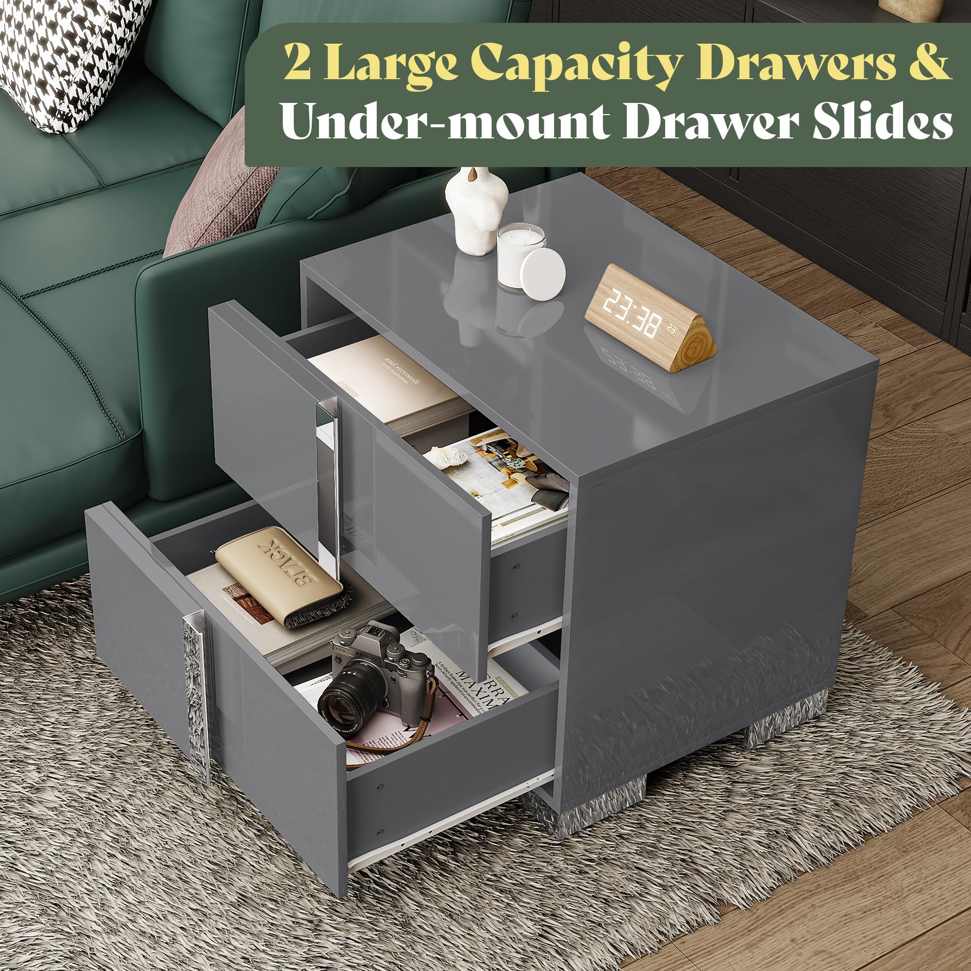 High Gloss Nightstand with 2 Drawers