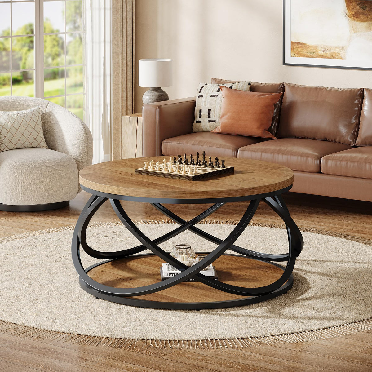 Round Coffee Table with Storage Shelf