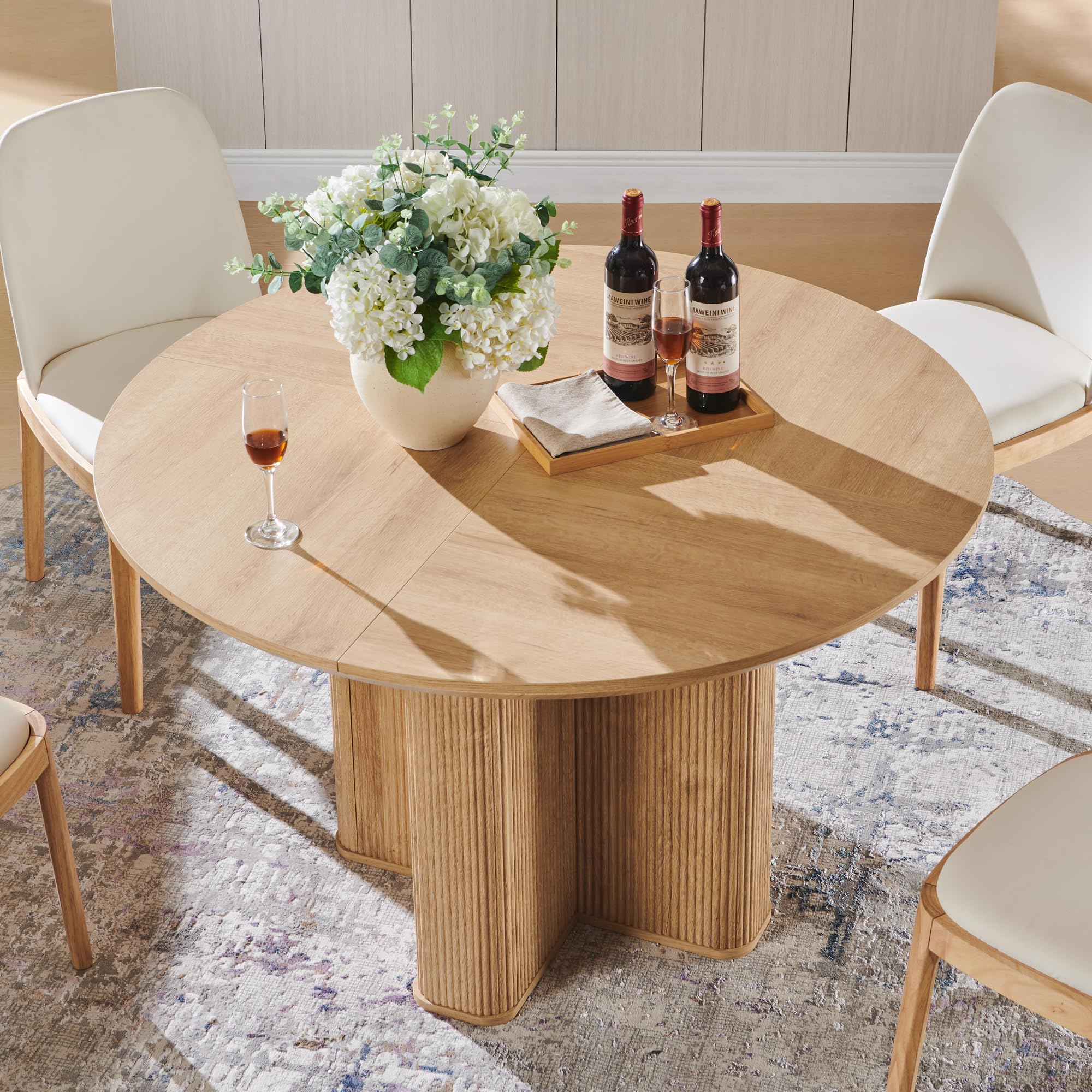 T4TREAM 47" Fluted Round Dining Table for Kitchen Living Room, Natural Oak