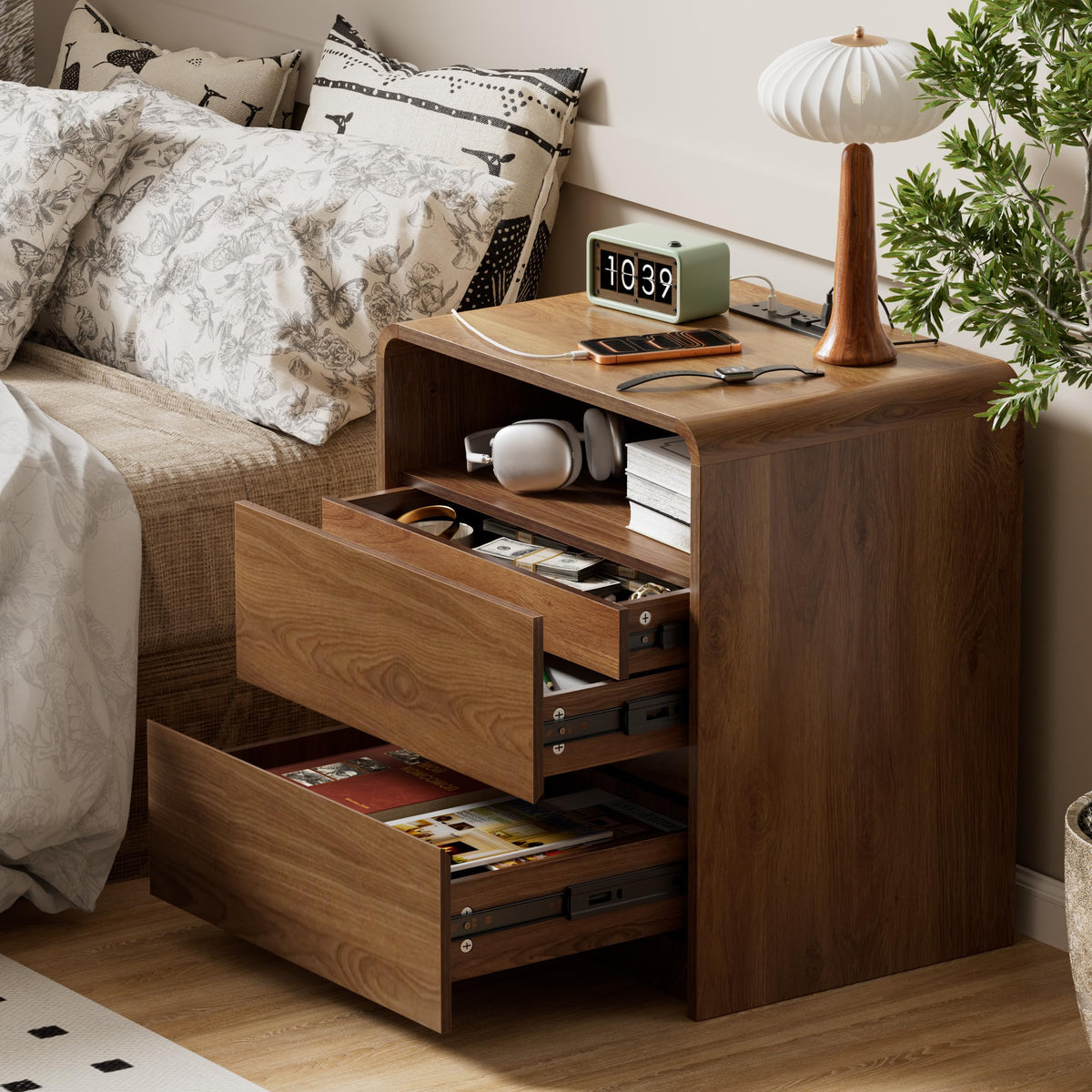 23.8" Modern Nightstand with Hidden Drawers Walnut Night Stand