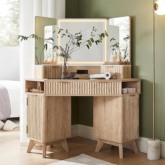 48" Corner Vanity Desk with 3-Way Mirror, Lights & Charging Station