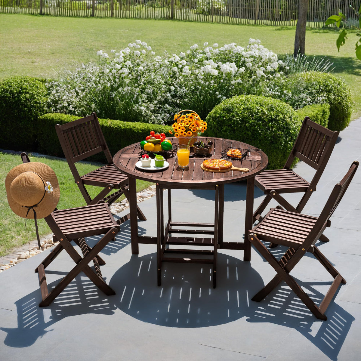 Devoko Acacia Wood Outdoor Patio Folding Table and Chairs Set for 4