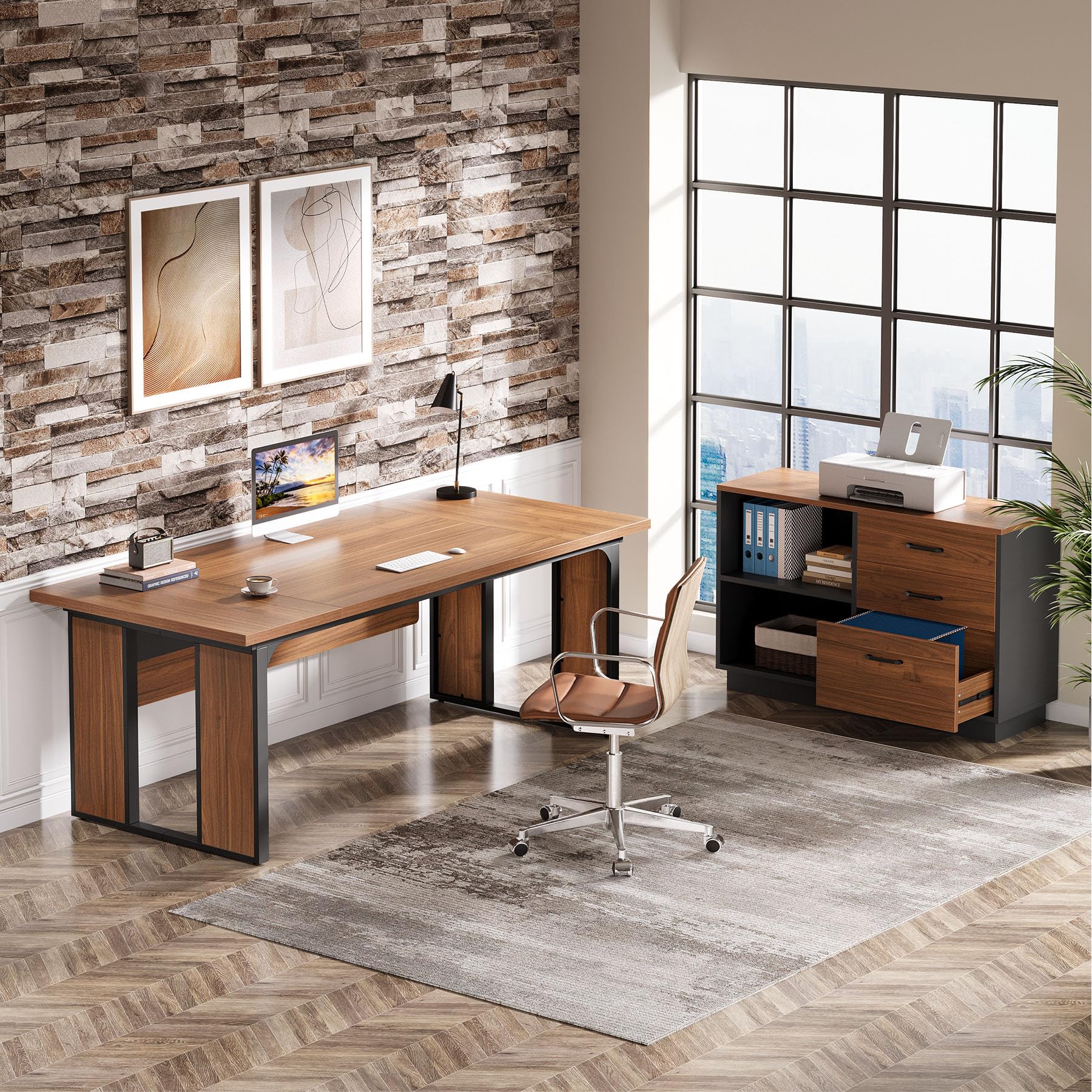 Tribesigns 63‘’ L-Shaped Executive Desk, Office Table with 39.37-Inch Drawers Cabinet, Large Computer Desk with Storage Shelves, Business Furniture Set for Home Office, Brown & Black